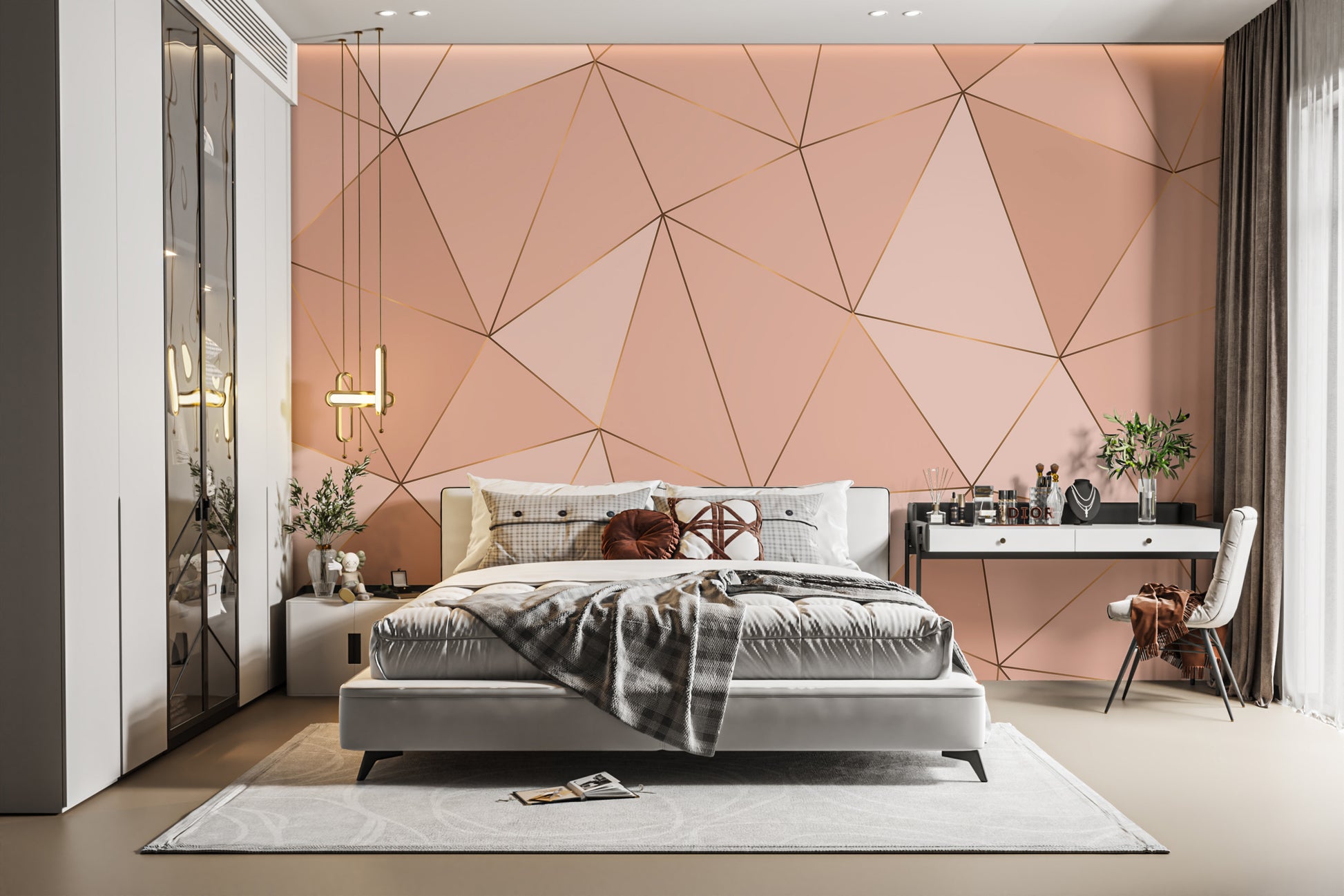 Sleek geometric harmony mural wallpaper in soft peach hues.
