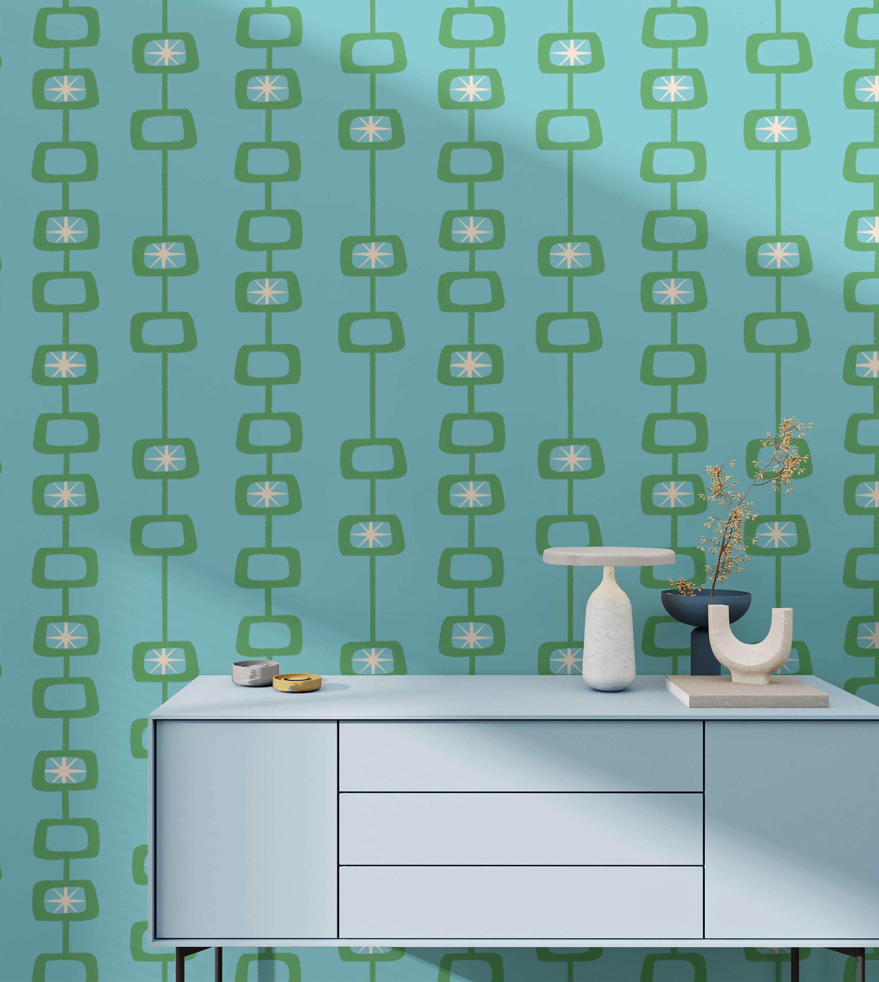 Bold Mid Century Atomic Orbs Blue Green Wallpaper
