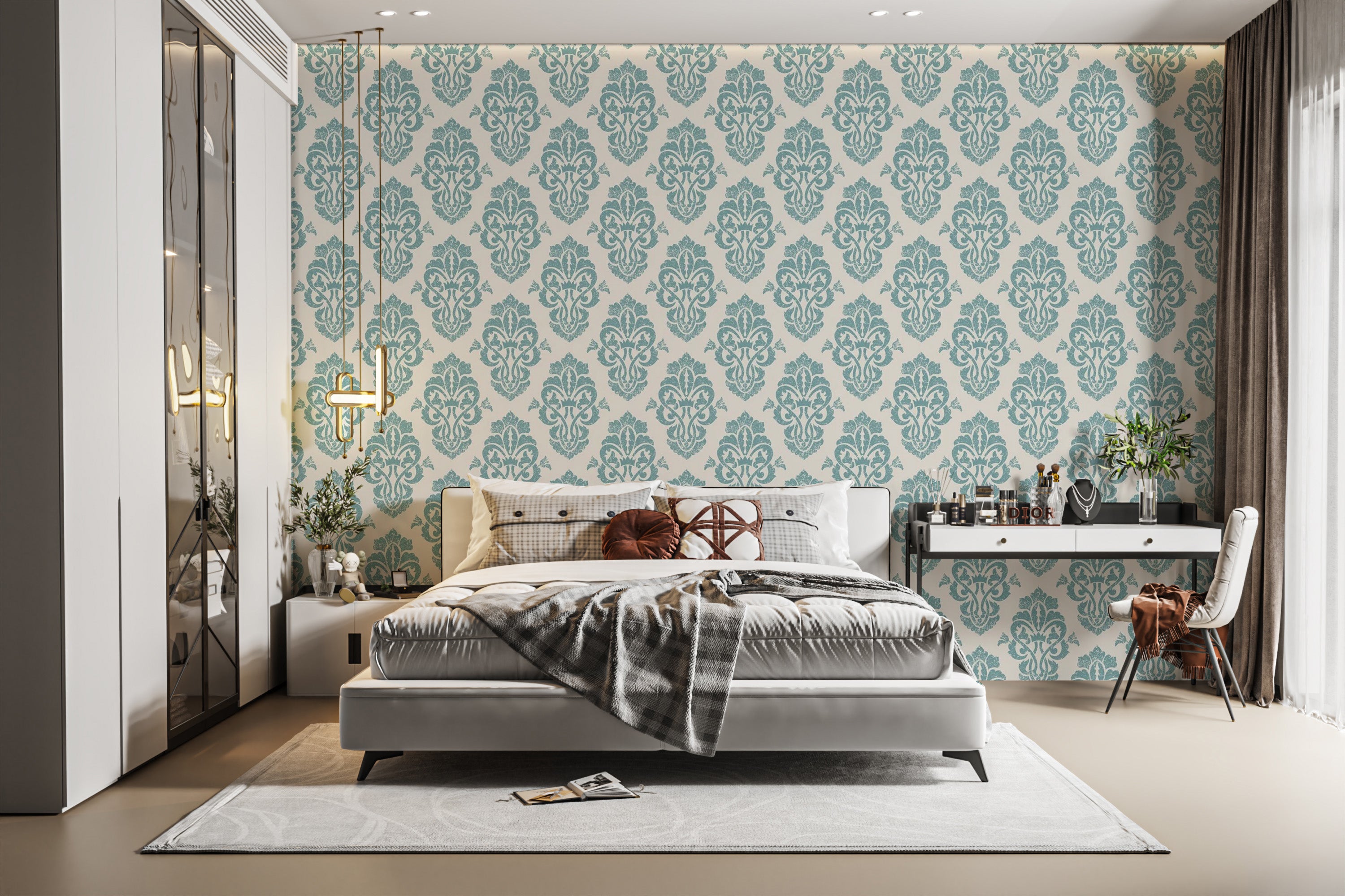 Classic White and Blue Damask Wallpaper Design