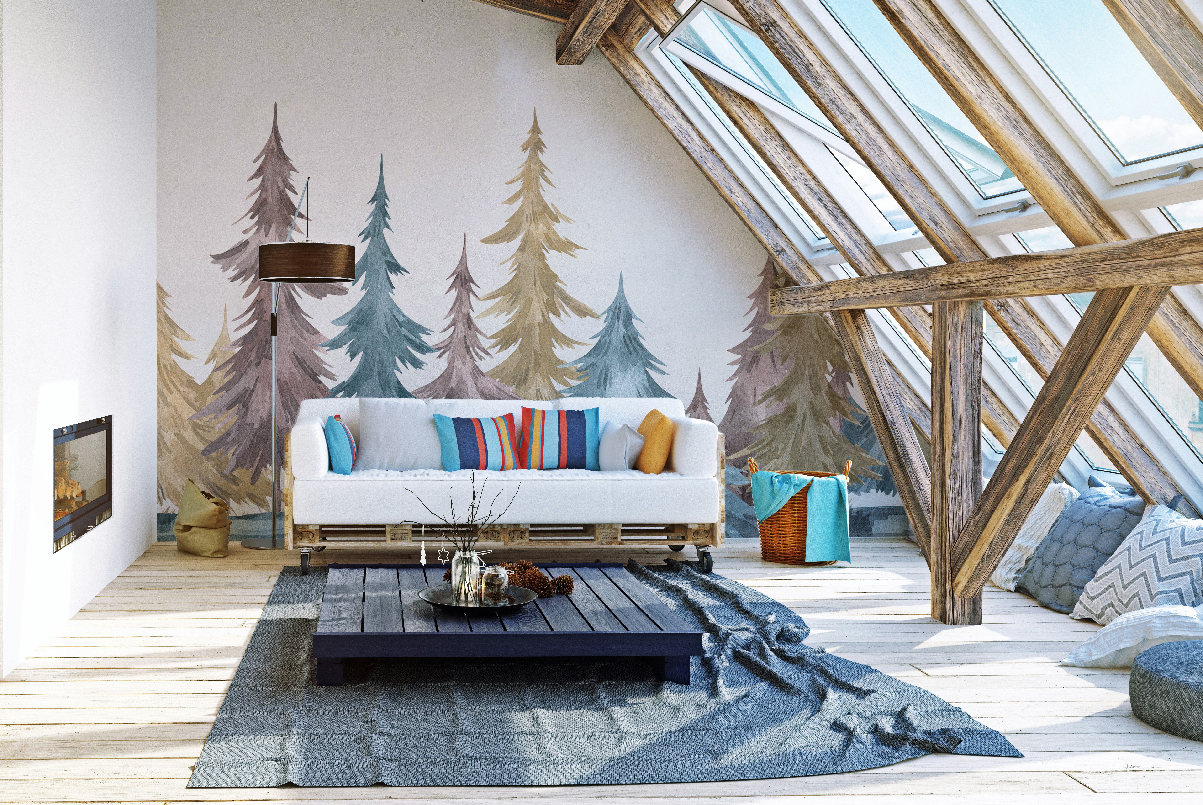 Alpine elegance mural featuring vibrant evergreen landscapes.
