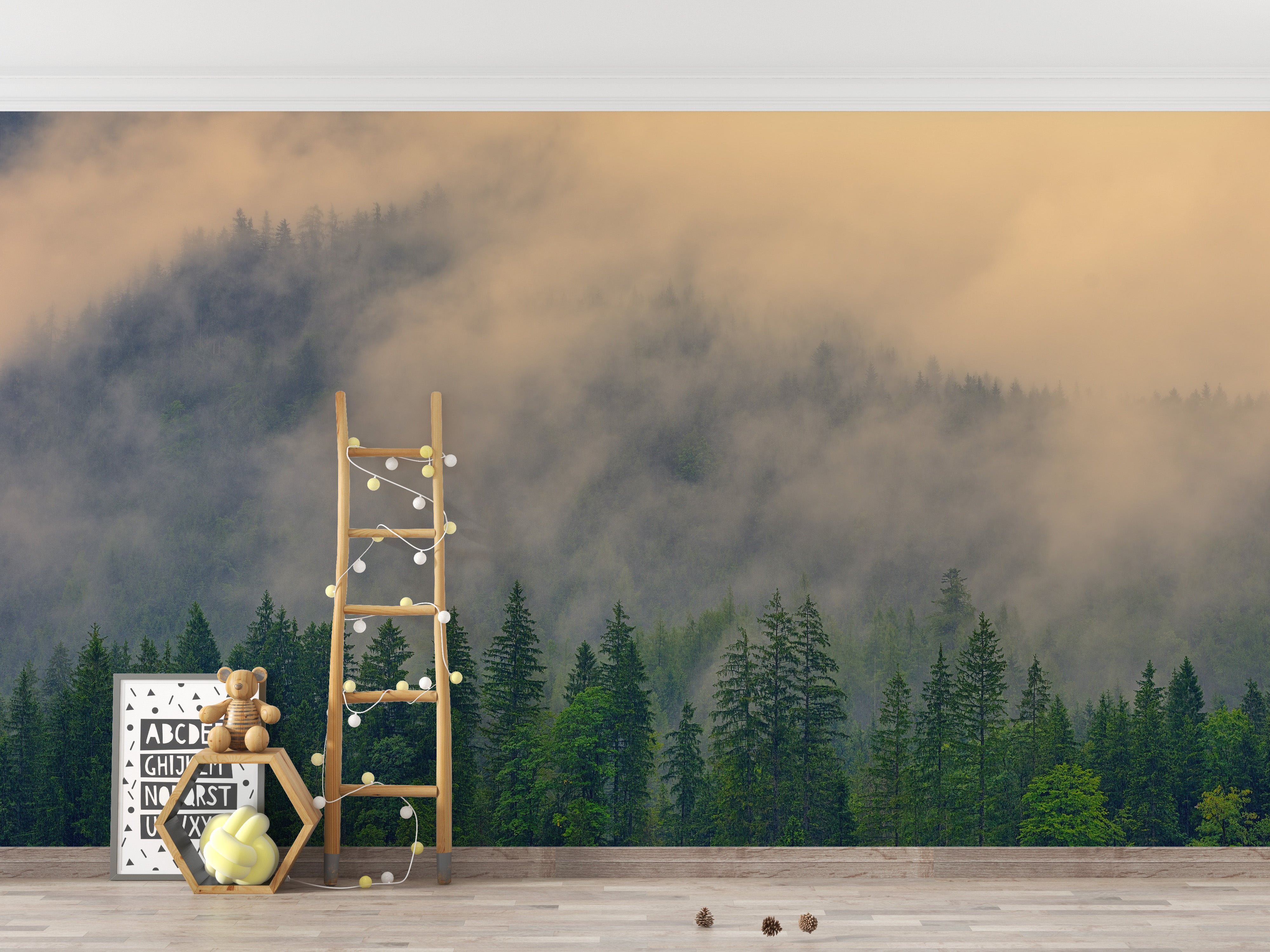 Tranquil wallpaper with foggy pine trees for soothing interiors.
