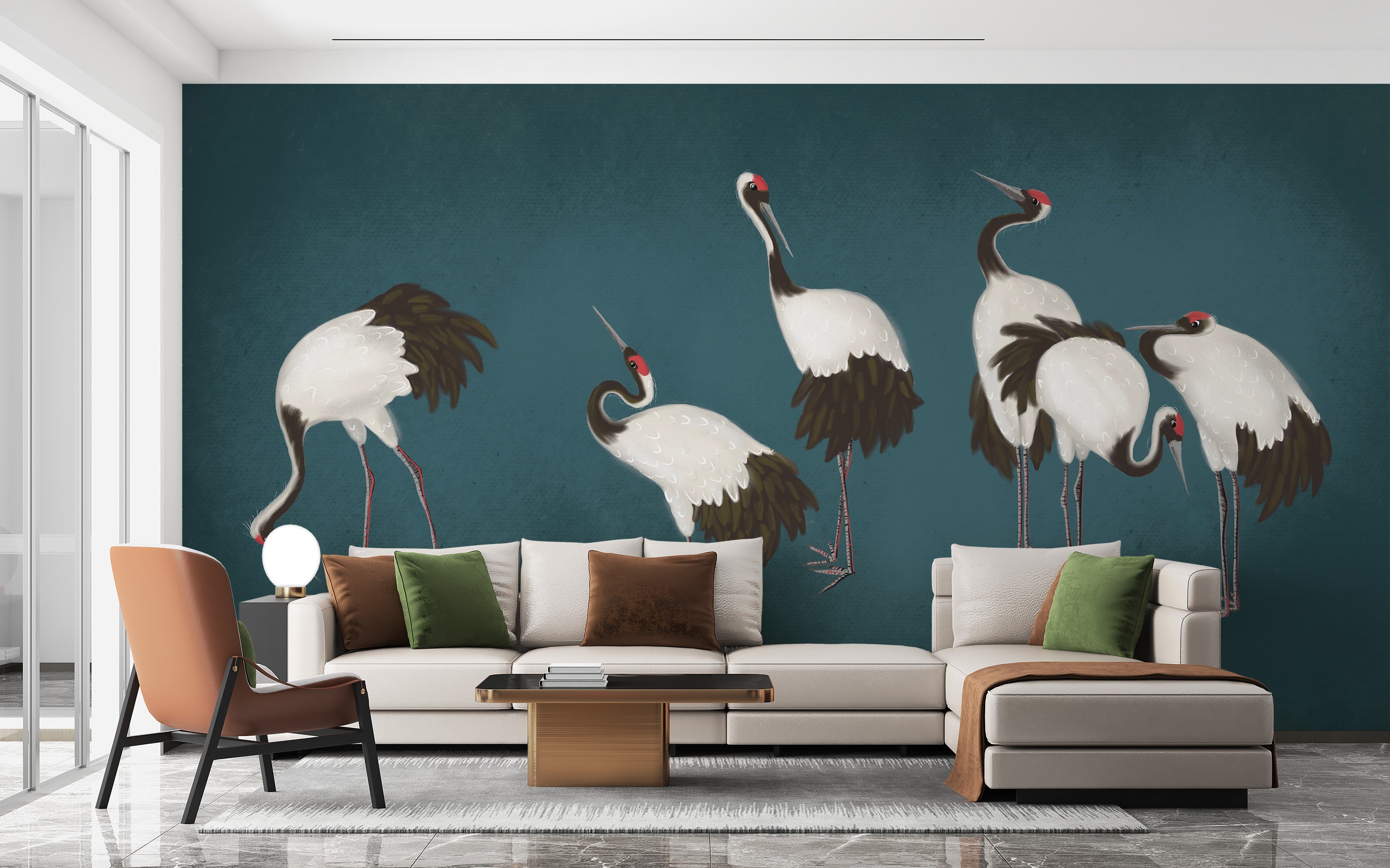 Watercolor crane wallpaper for living rooms