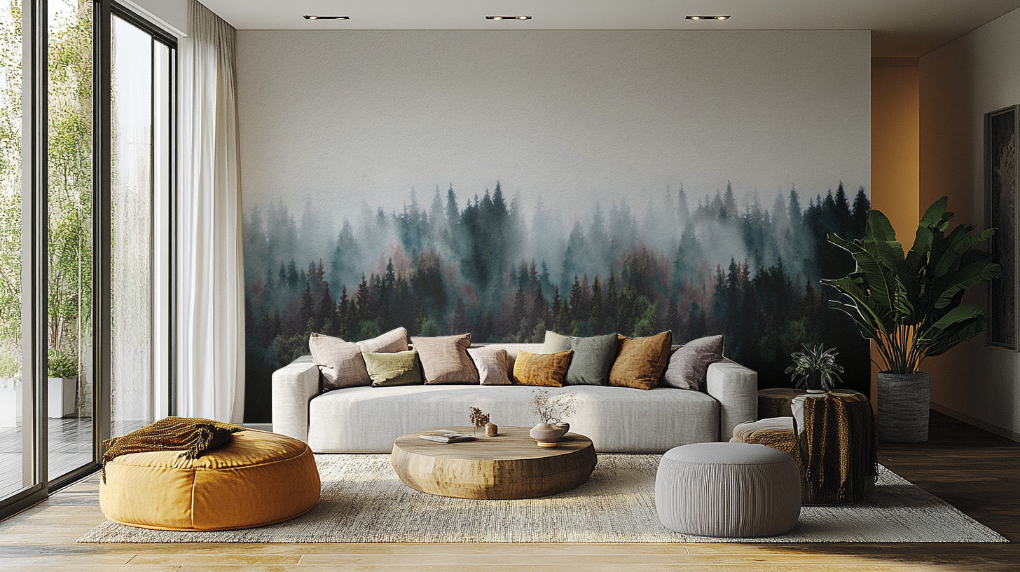 Dreamy fog-covered forest wallpaper mural
