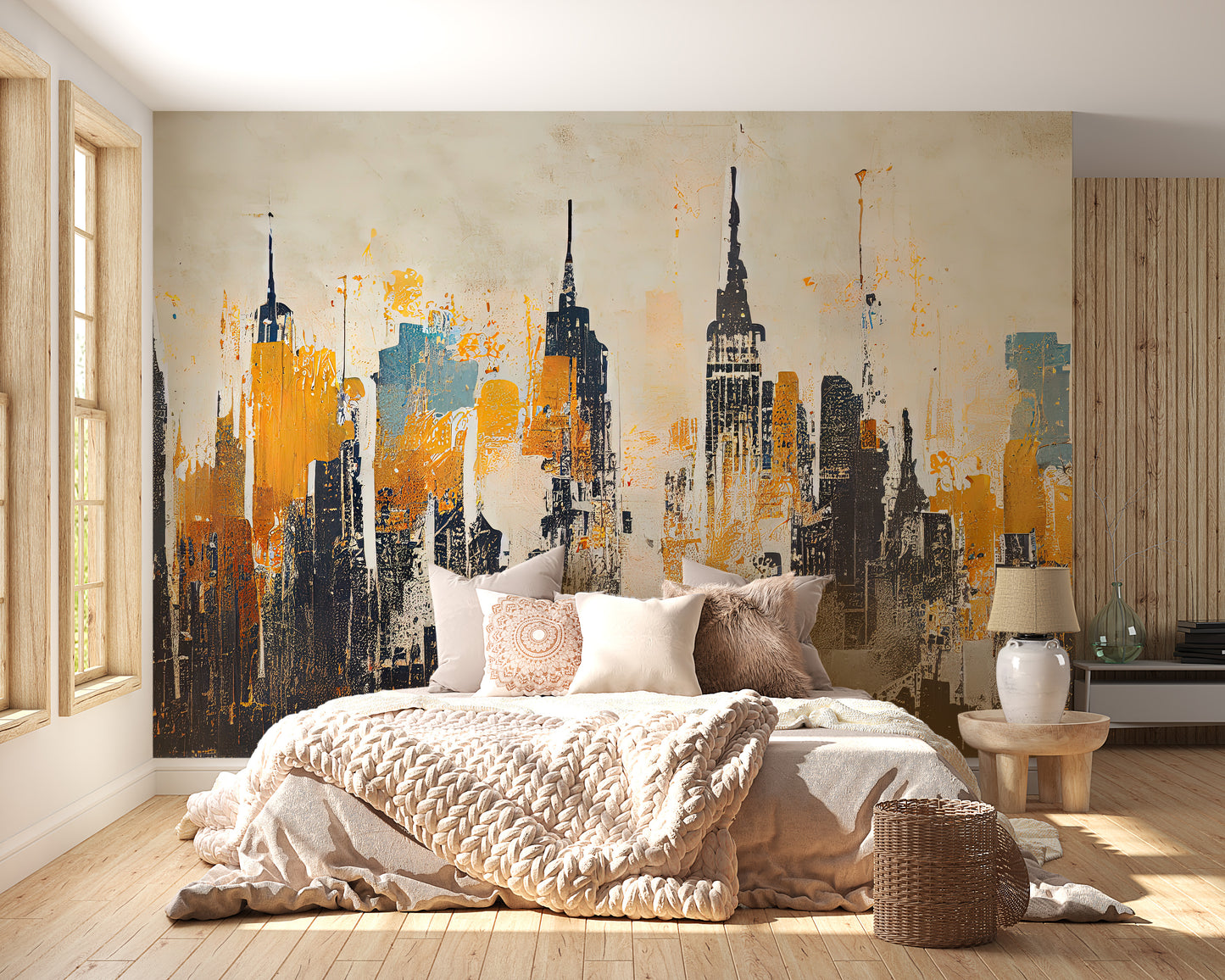 Bold urban skyline wallpaper for unique interior designs.