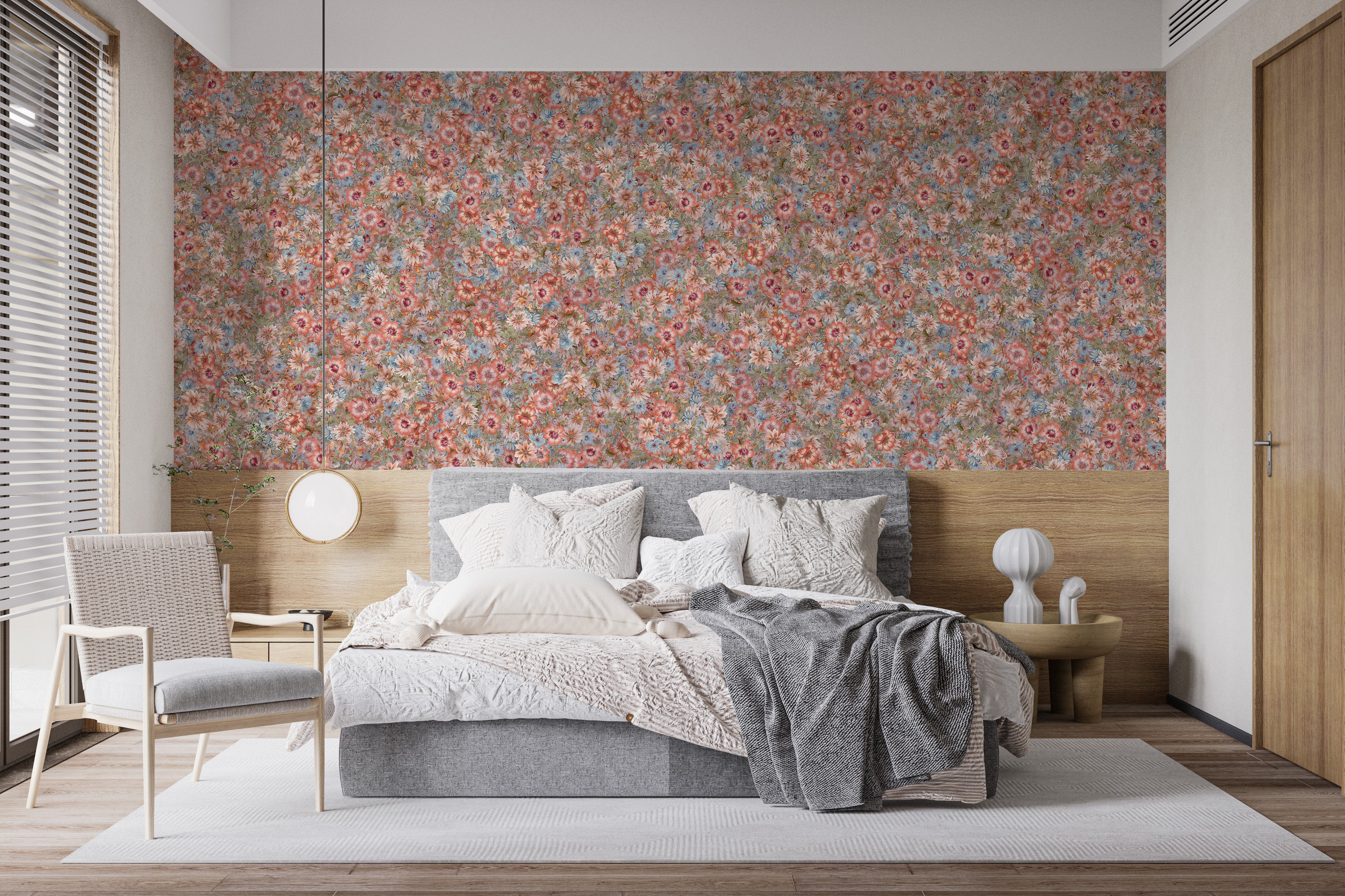 Embroidered orange floral wallpaper design for bedroom
