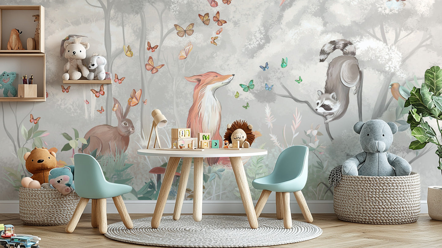 Fox and Butterflies in Pastel Woodland Forest Wallpaper
