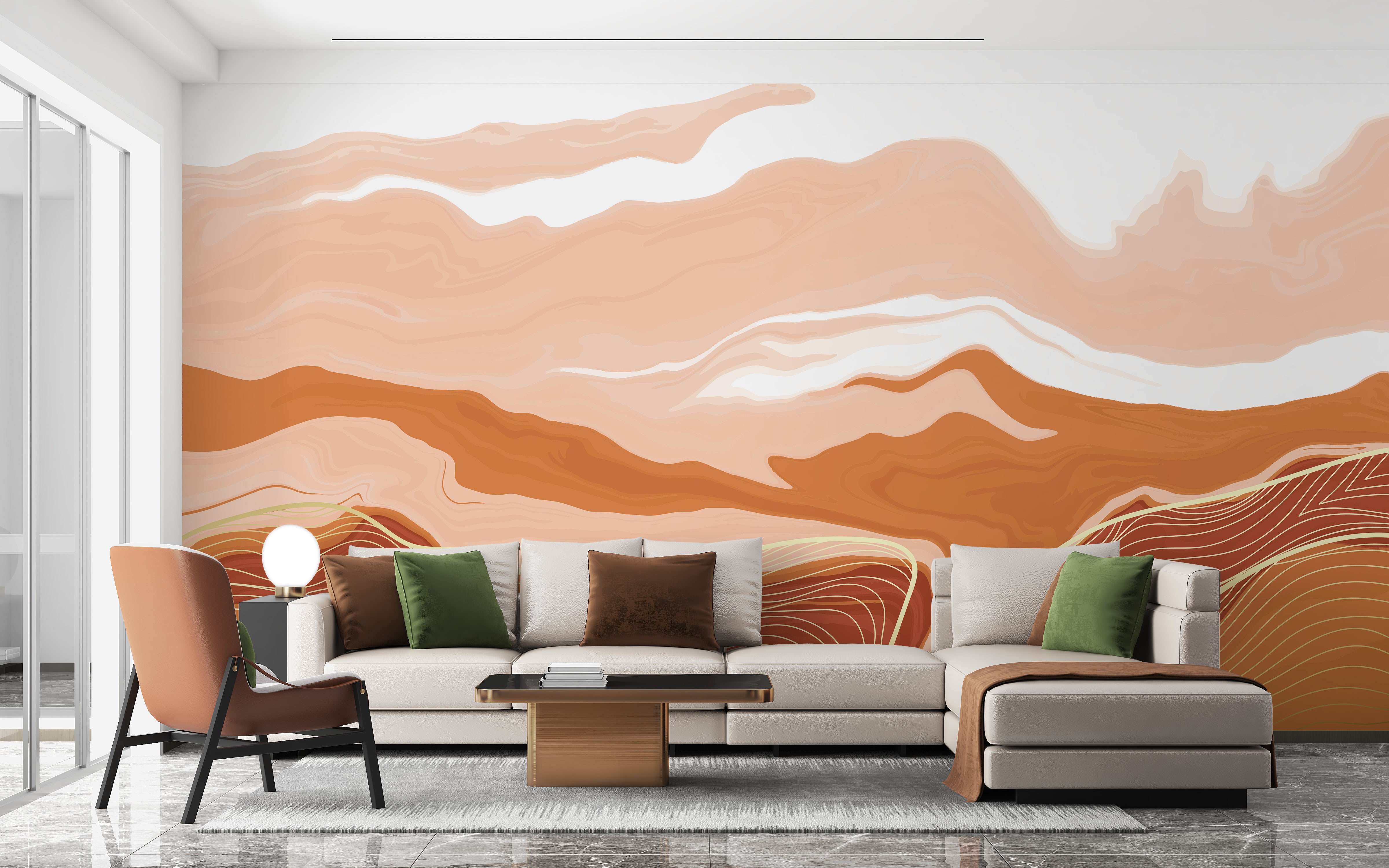 Orange and white wavy wallpaper elegance