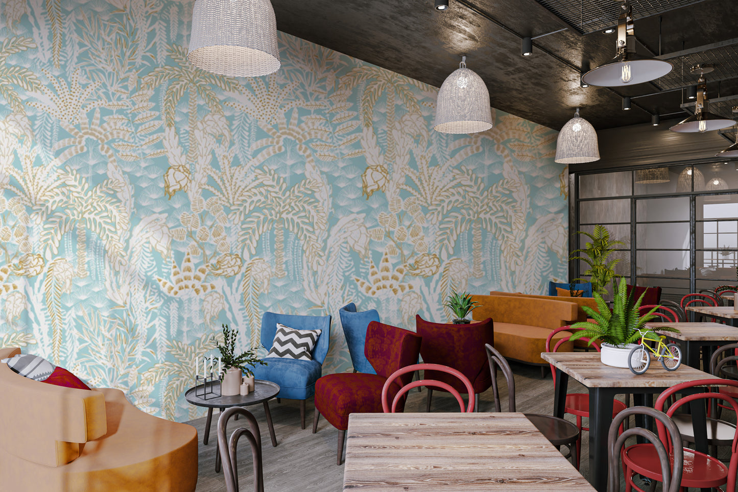 Modern Coastal Breeze wallpaper with floral and ocean tones.
