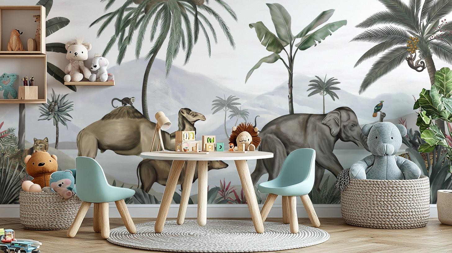 Exotic Jungle Safari Animal Mural for modern interiors.
