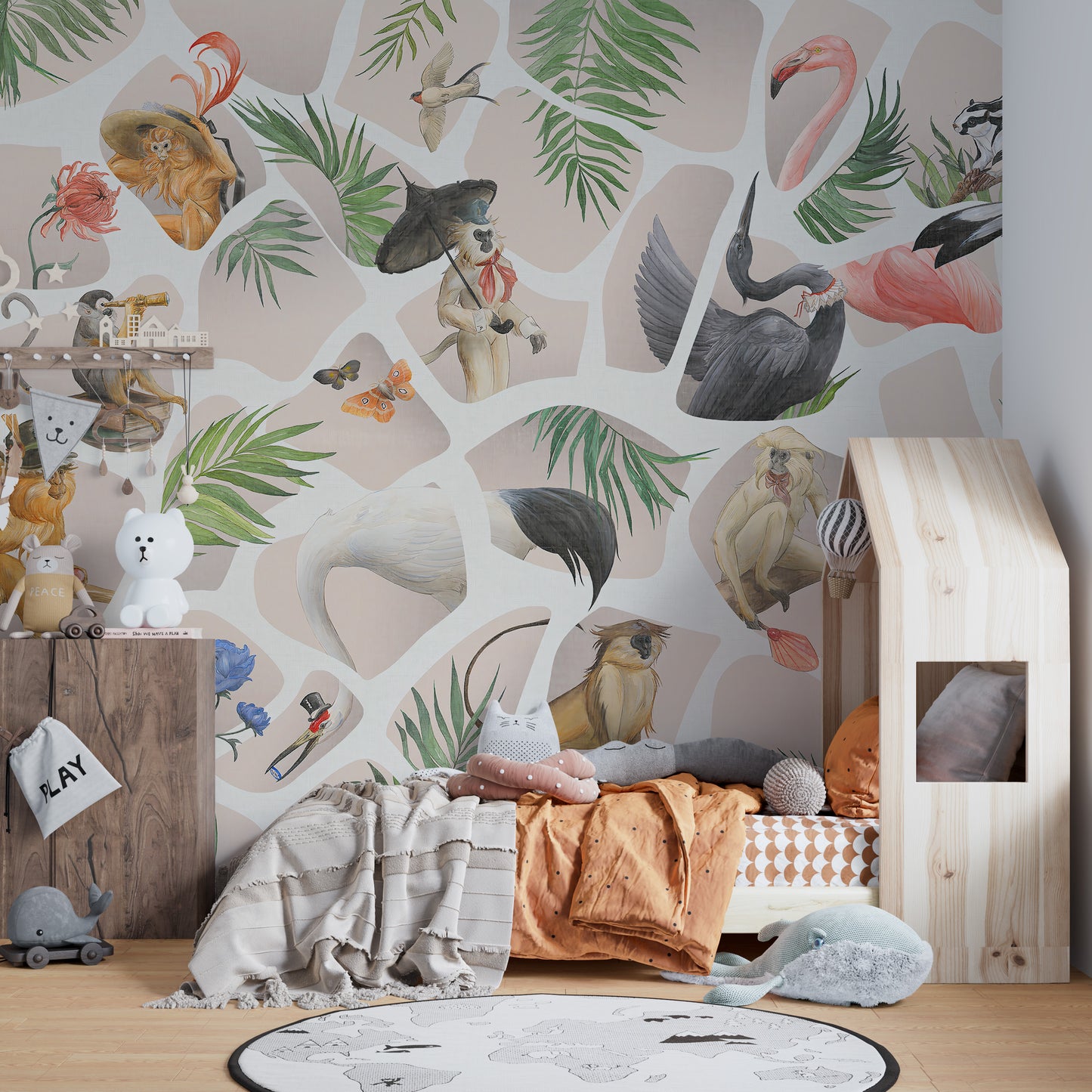 Monkey and birds wallpaper mural in soft watercolor pink hues.
