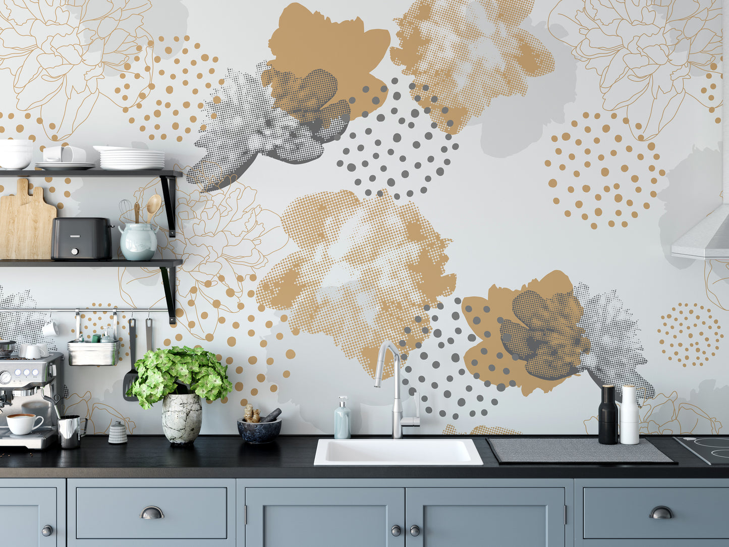 Gold Black Modern Floral Wallpaper Murals