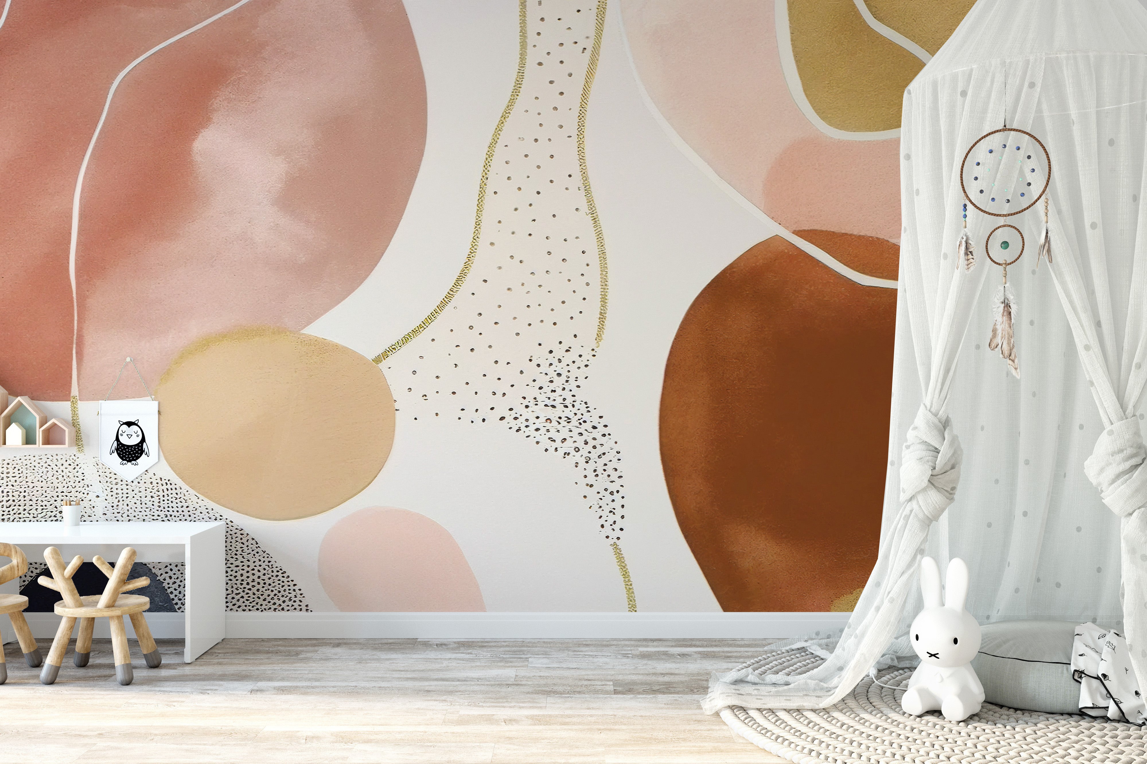 Elegant modern mural with gold accents and soft pink hues.
