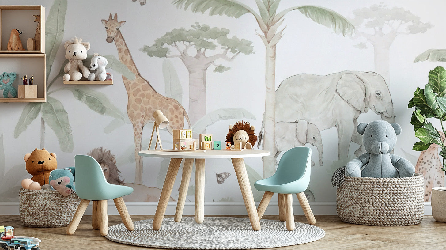 Safari nursery wallpaper featuring elephants, lions, and giraffes
