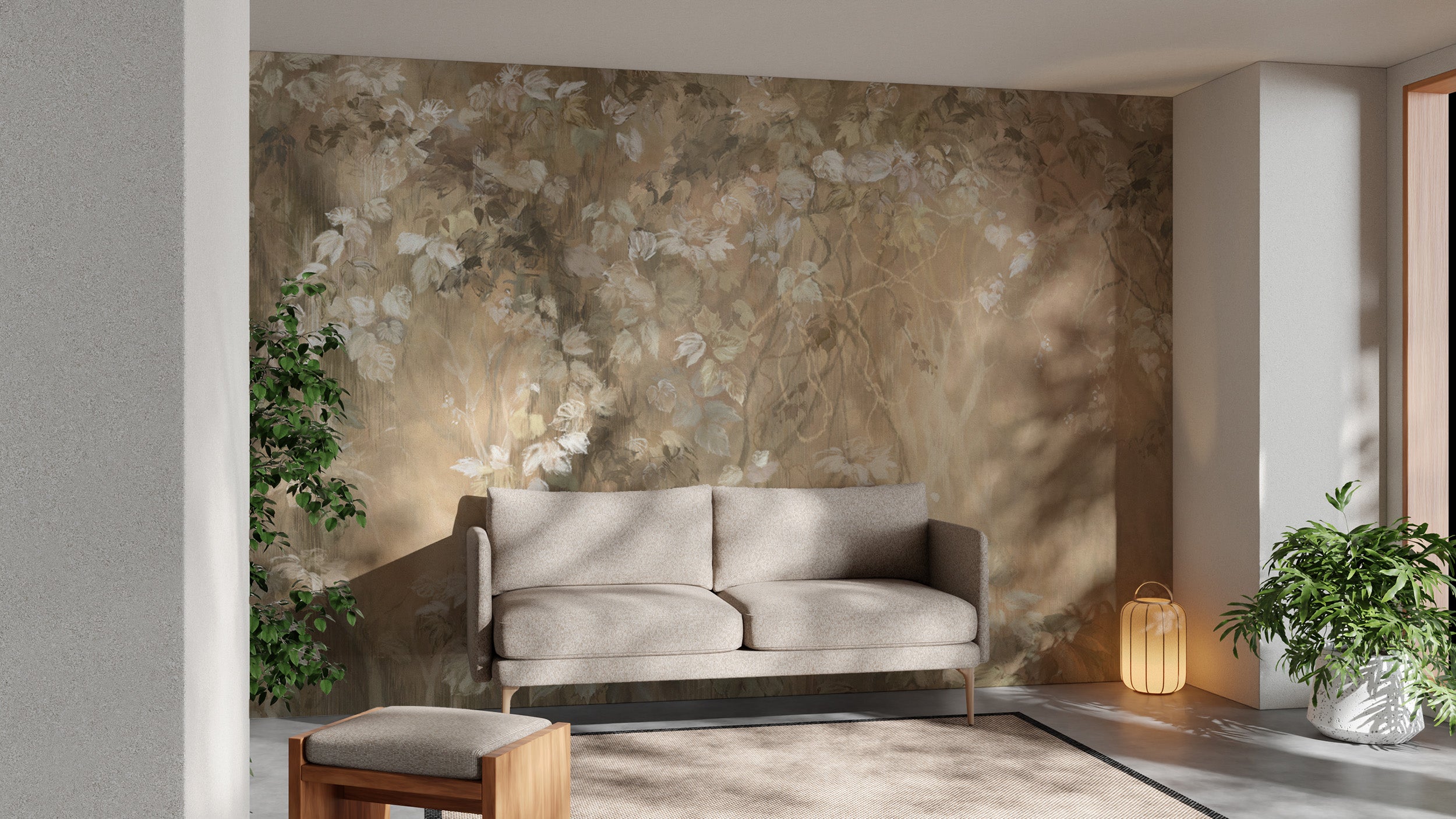 Artistic light brown mural with mystic branch patterns