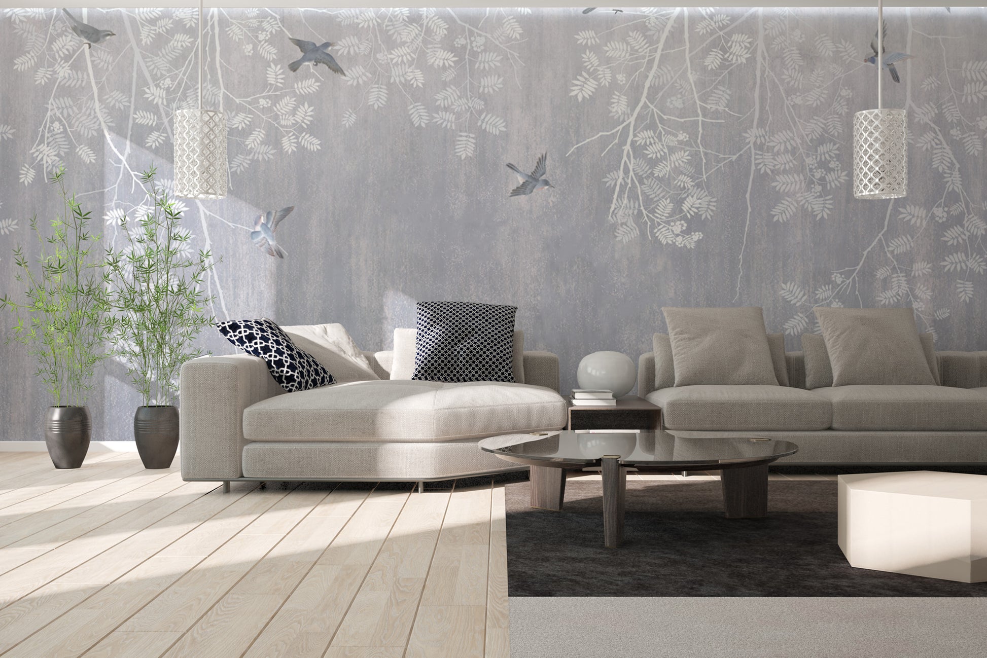 Elegant Frosted Branches Bird Mural for a serene space
