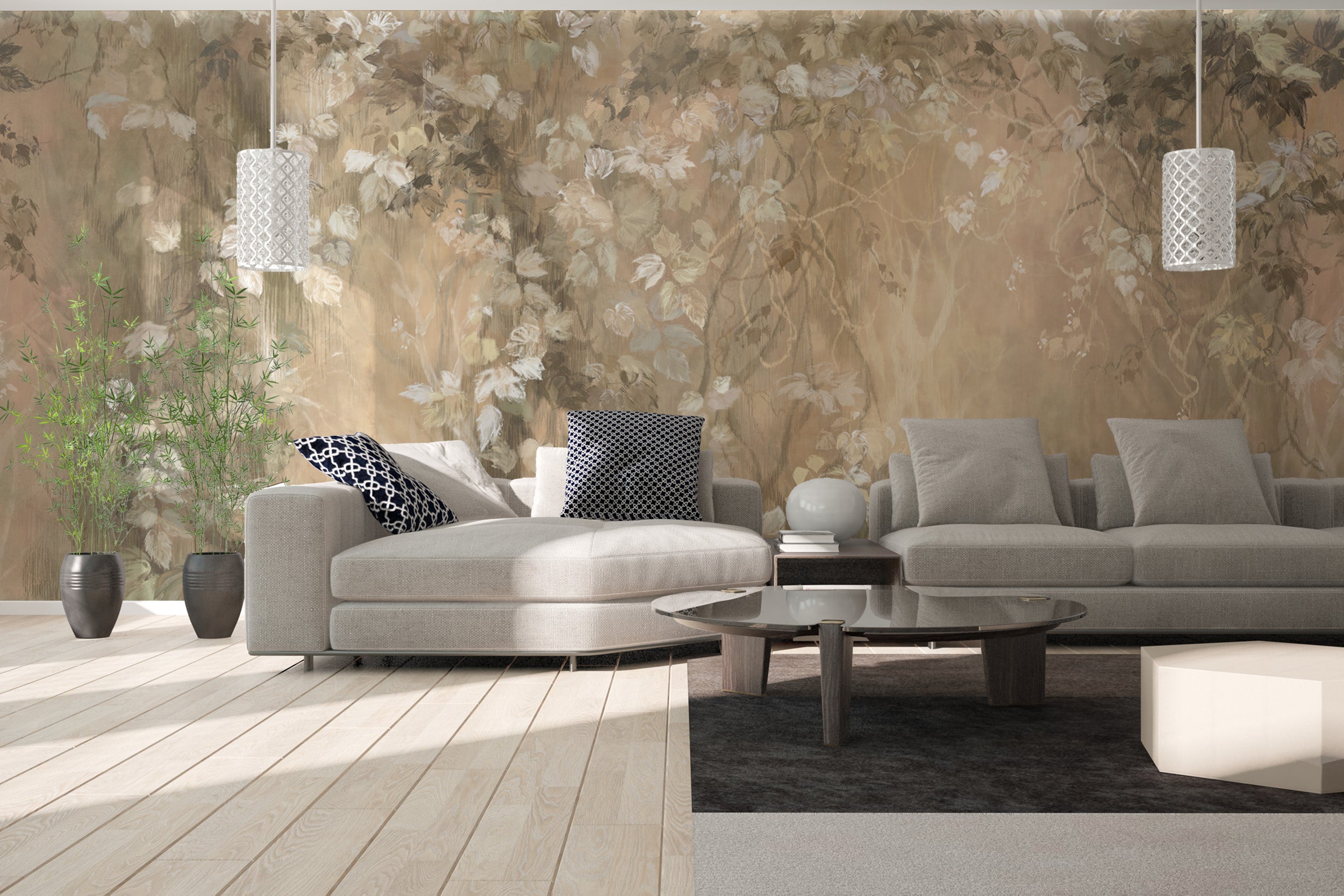 Elegant light brown wallpaper featuring delicate branches