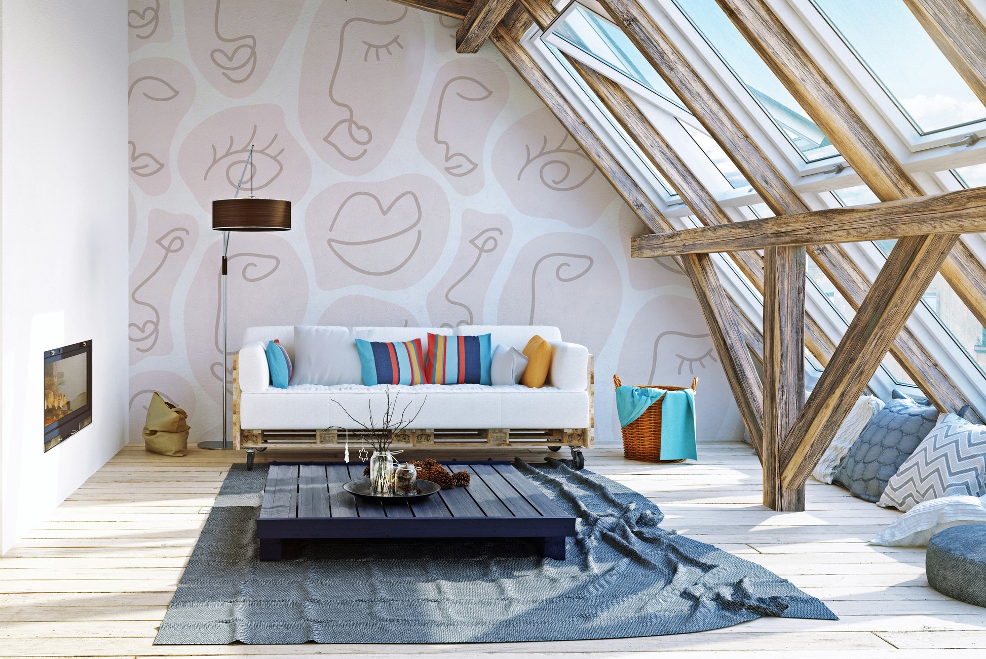 Artistic large face line mural for unique and stylish spaces.
