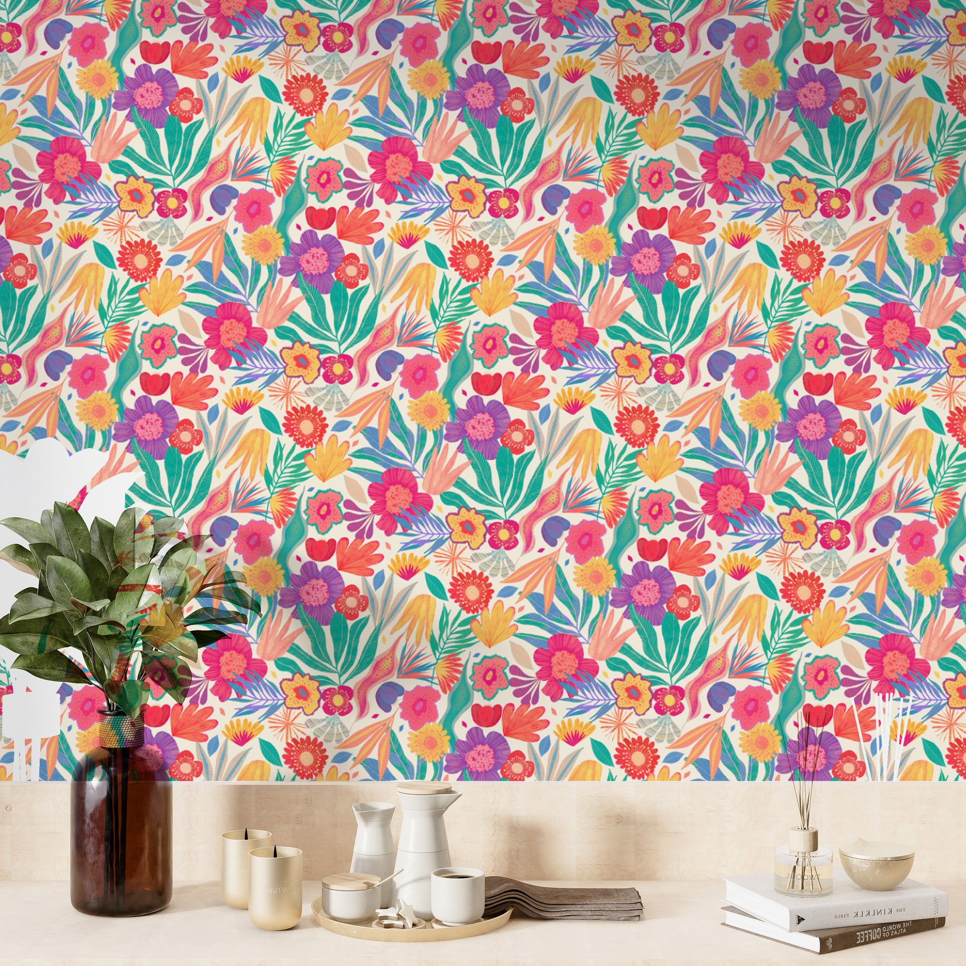 Artistic exotic blooms wallpaper with intricate floral details.
