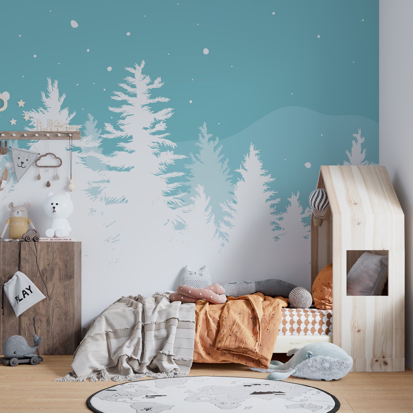 Serene wallpaper featuring frosted pine trees for holiday vibes.
