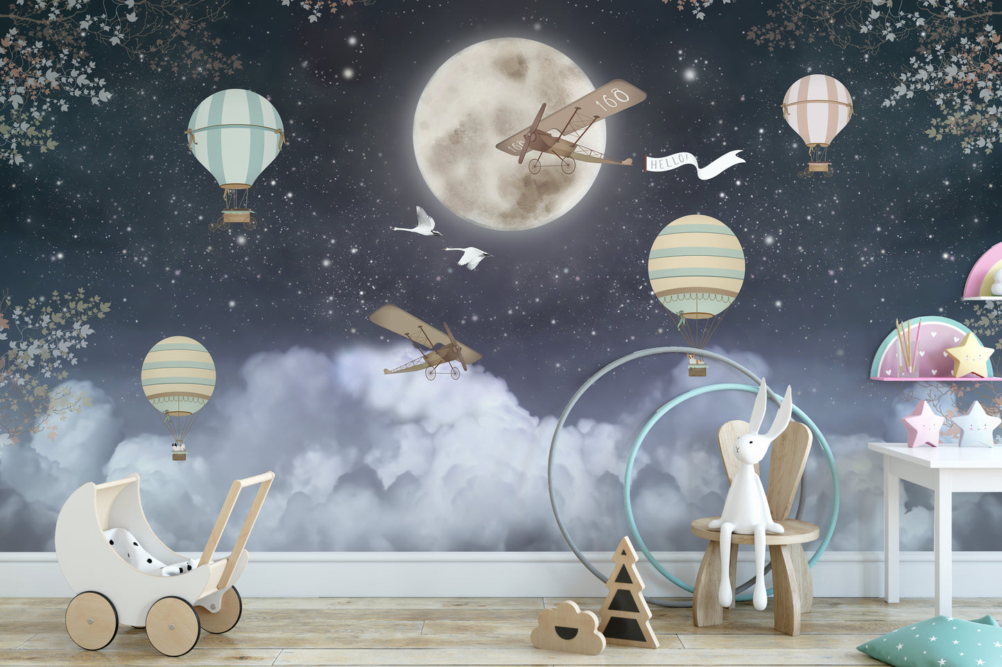 Shinny Stars Night Hot Air Balloons Wallpaper Murals