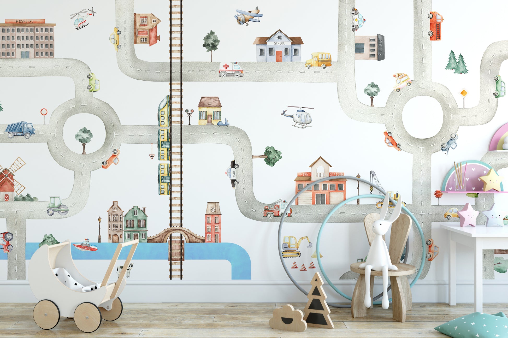 Playful city wallpaper with vehicles and urban landscape