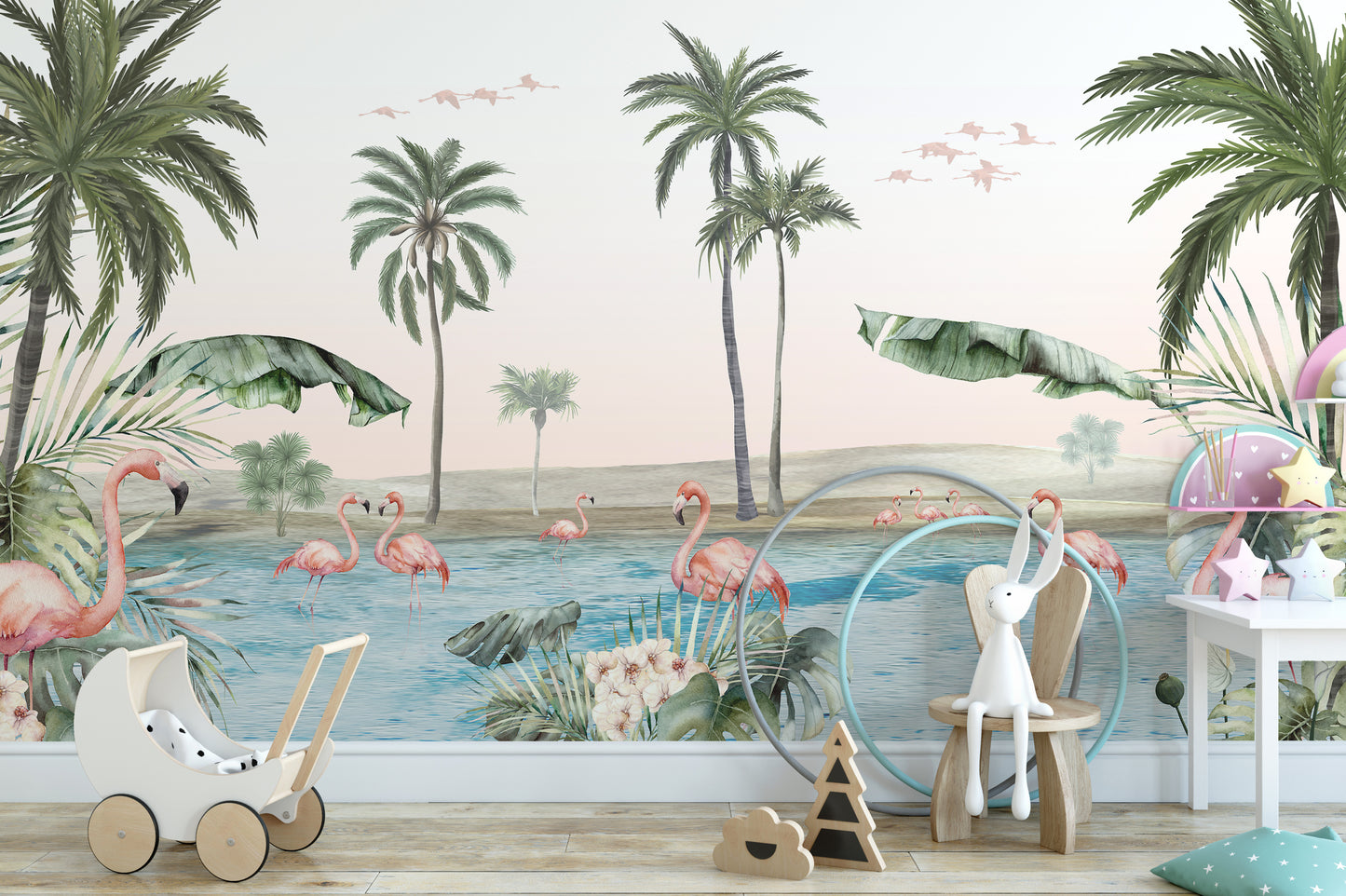 Oasis-themed wallpaper with flamingos and tropical vibes