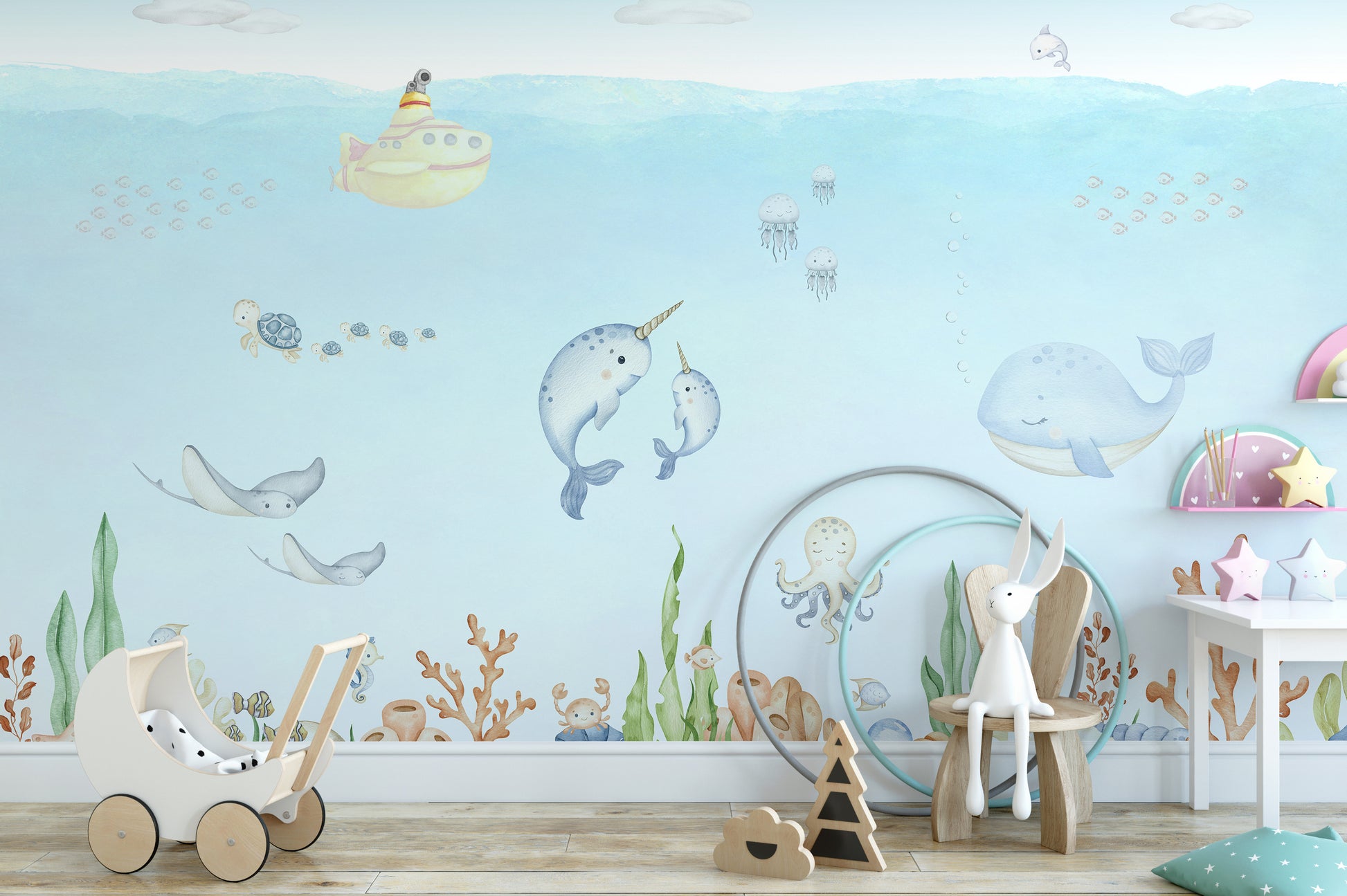 Watercolor ocean-themed wallpaper for children