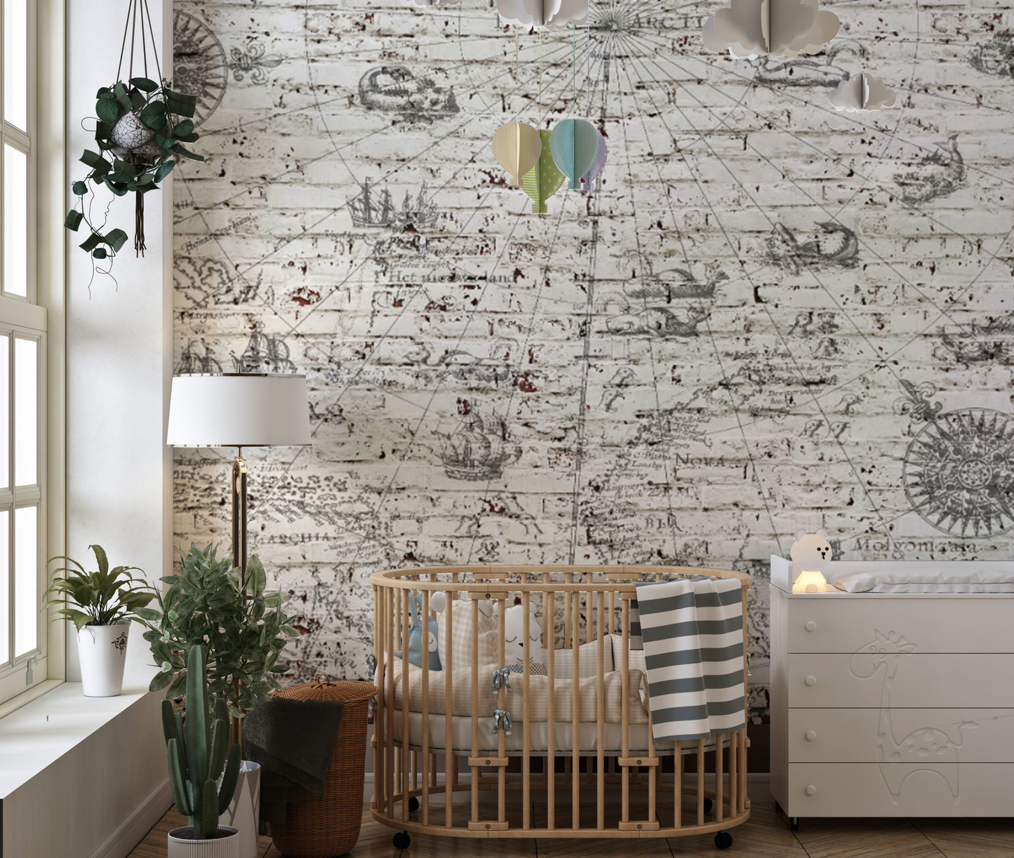 Antique world map wallpaper on weathered brick texture
