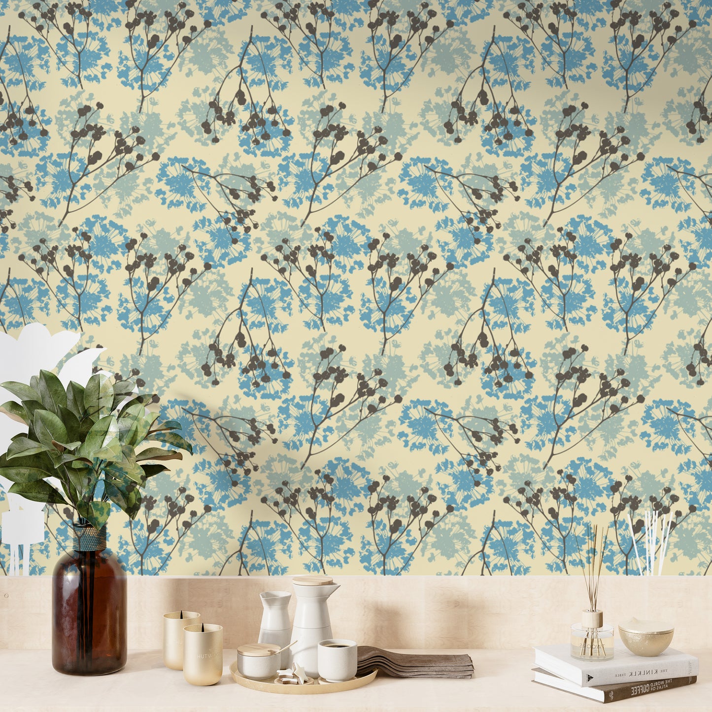 Minimalist delicate floral mural for tranquil and modern walls.
