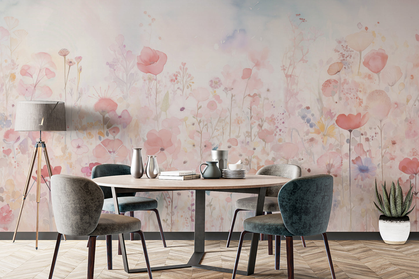 Watercolor happy flowers pastel color wallpaper for a soft, serene room.
