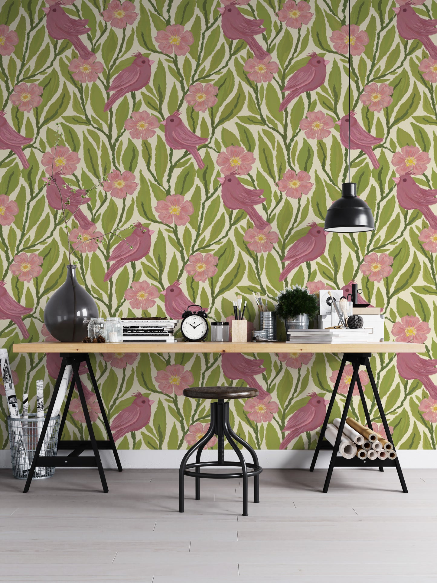 Artistic pink birds and floral wallpaper for unique wall decor.
