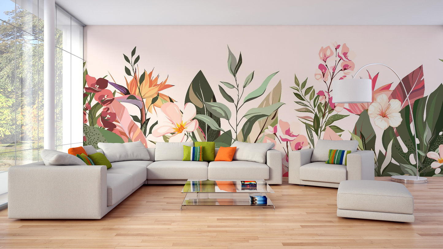 Colorful botanical wallpaper decor for living room
