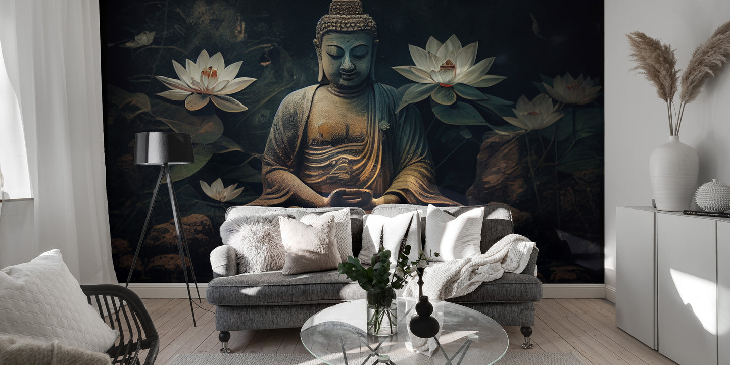 Meditative Buddha and Lotus Flowers Mural