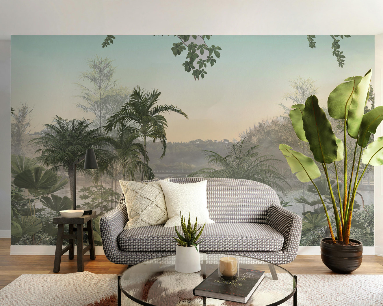 Tropical trees under cerulean skies mural
