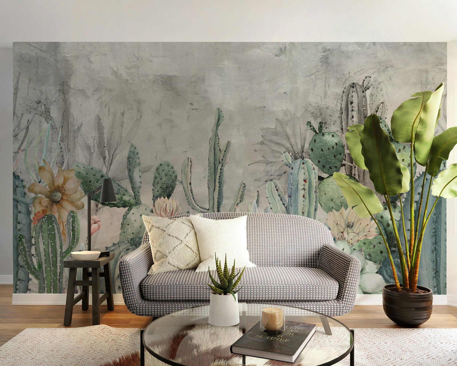 Green cactus in desert wallpaper mural
