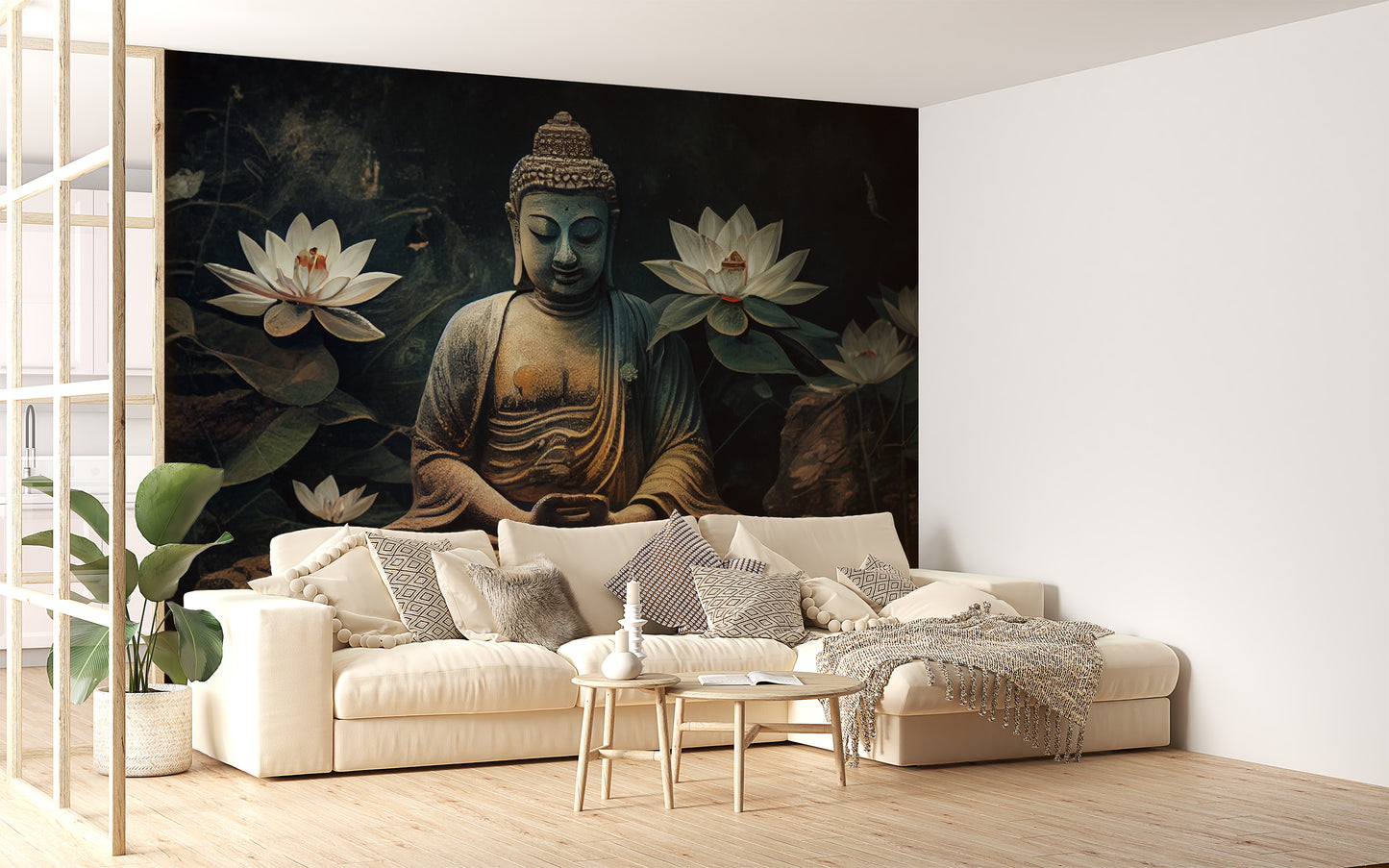 Meditative Buddha and Lotus Flowers Mural