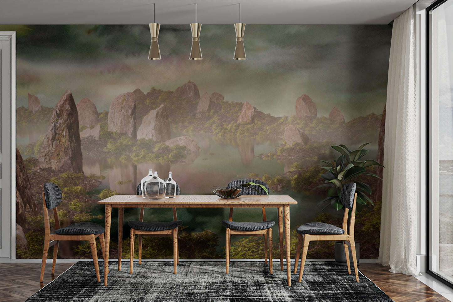 Dramatic green Chinese landscape wallpaper for a bold statement.