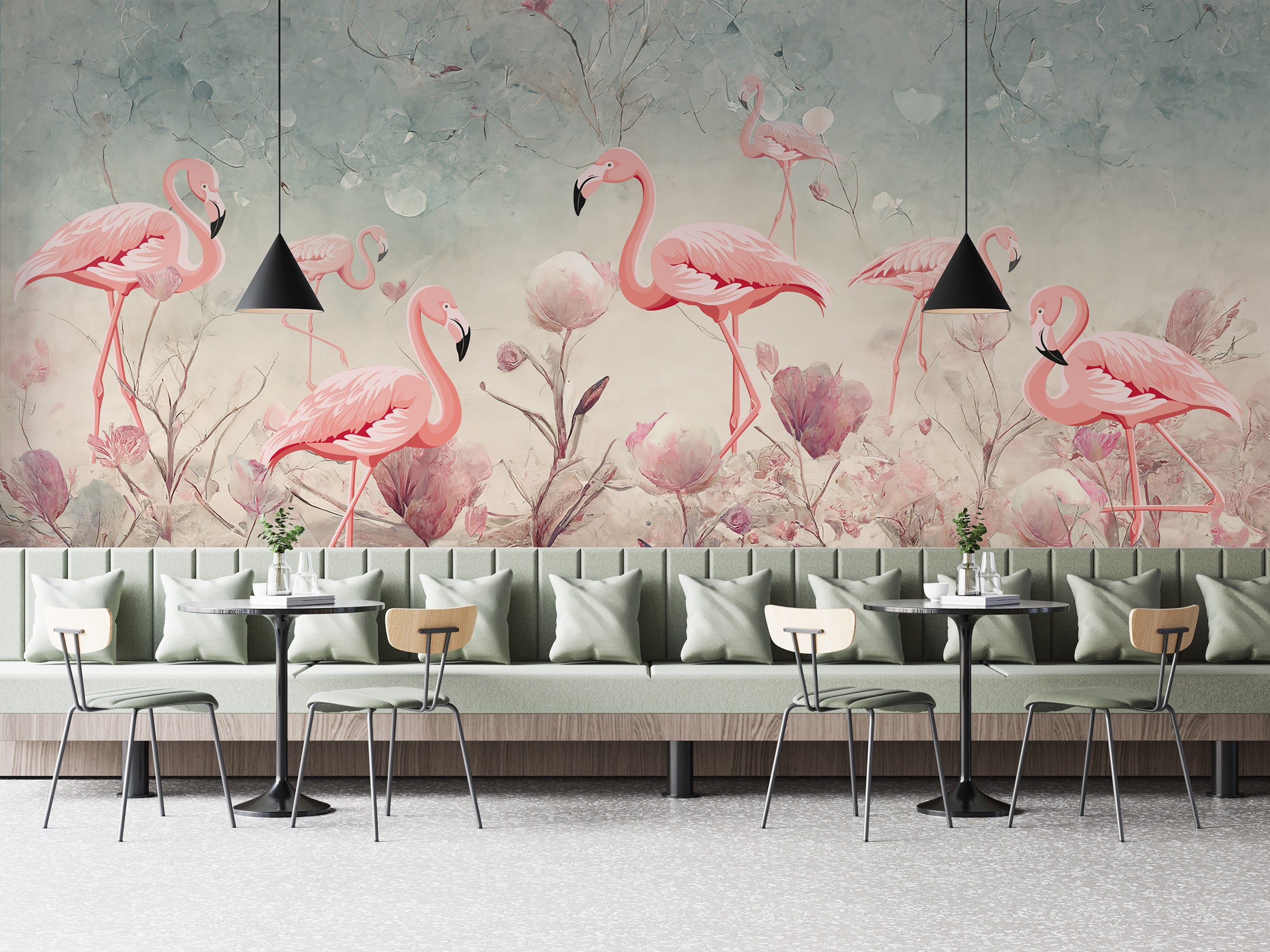 Elegant flamingo grove wall mural with a touch of mystery.
