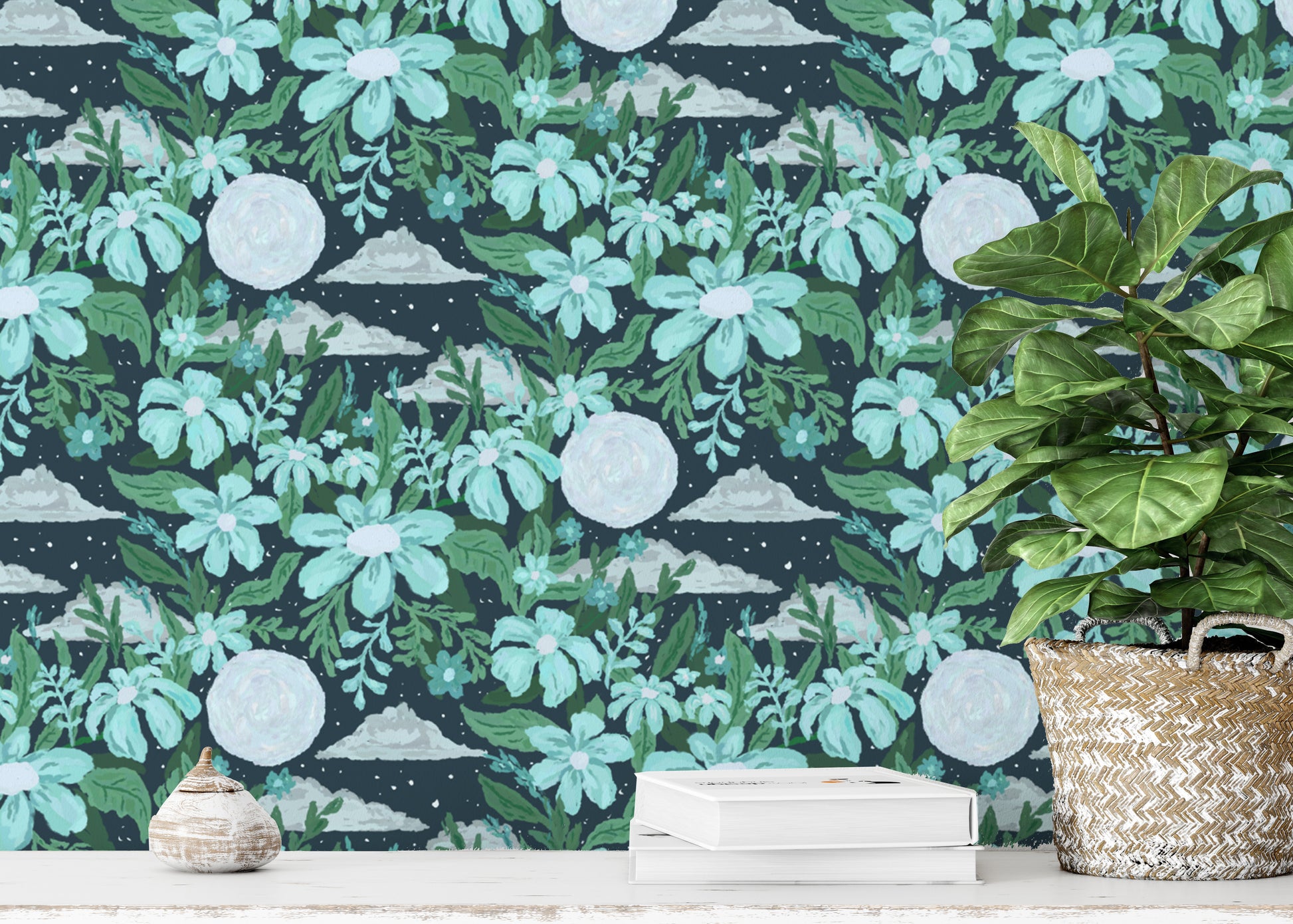 Blue floral wall mural with moonlit accents
