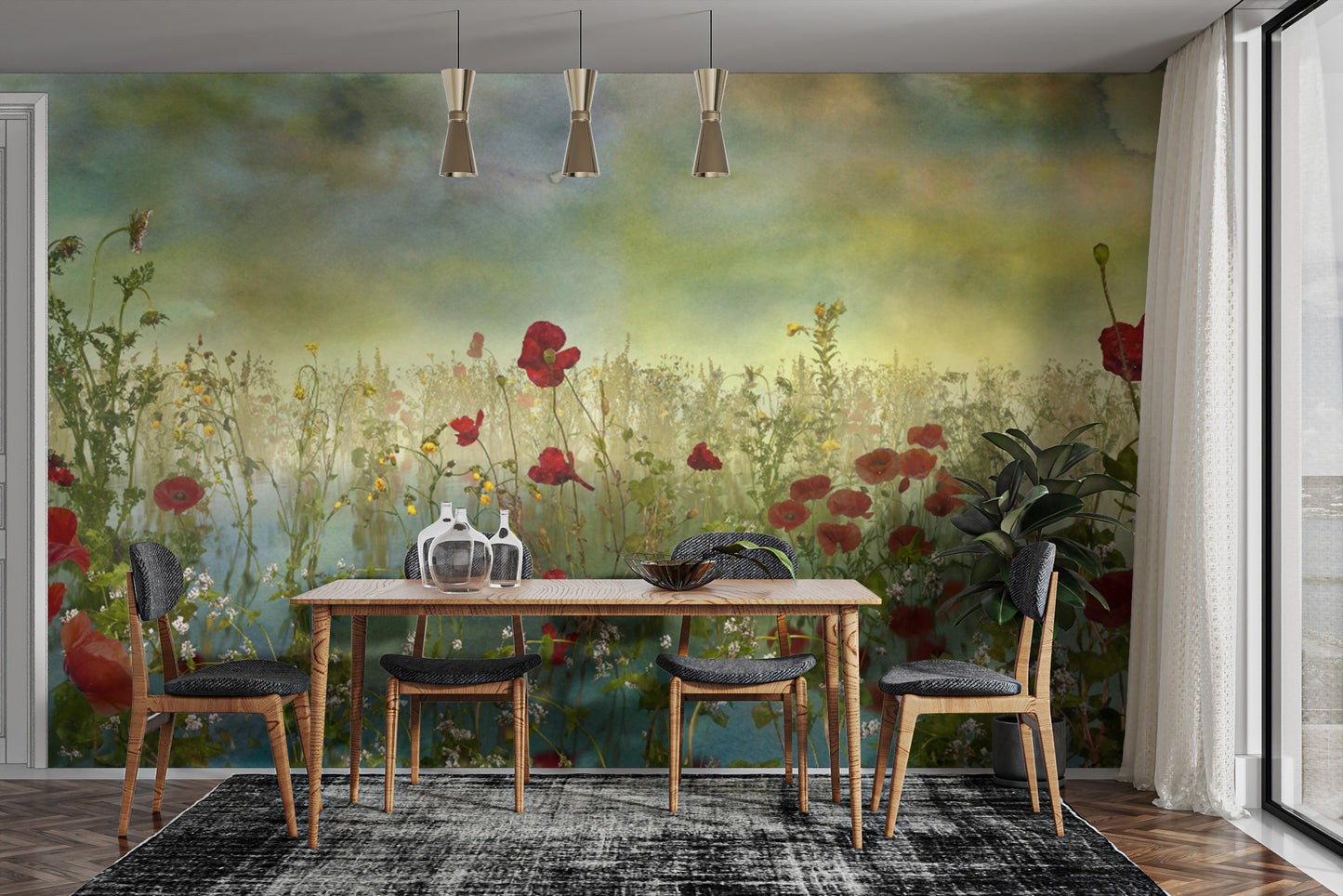 Poppy Flower Watercolor Green Wallpaper Murals