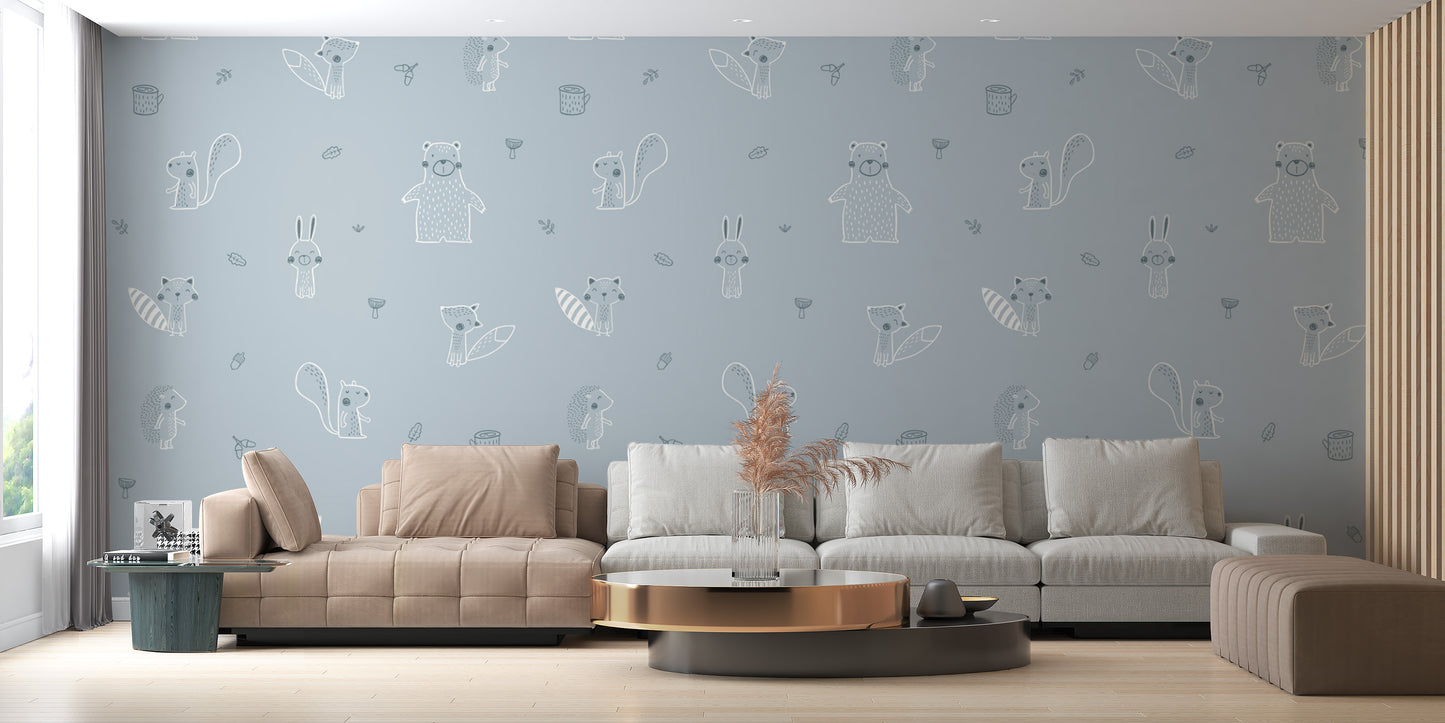 Whimsical blue baby forest friends mural for kids' rooms.
