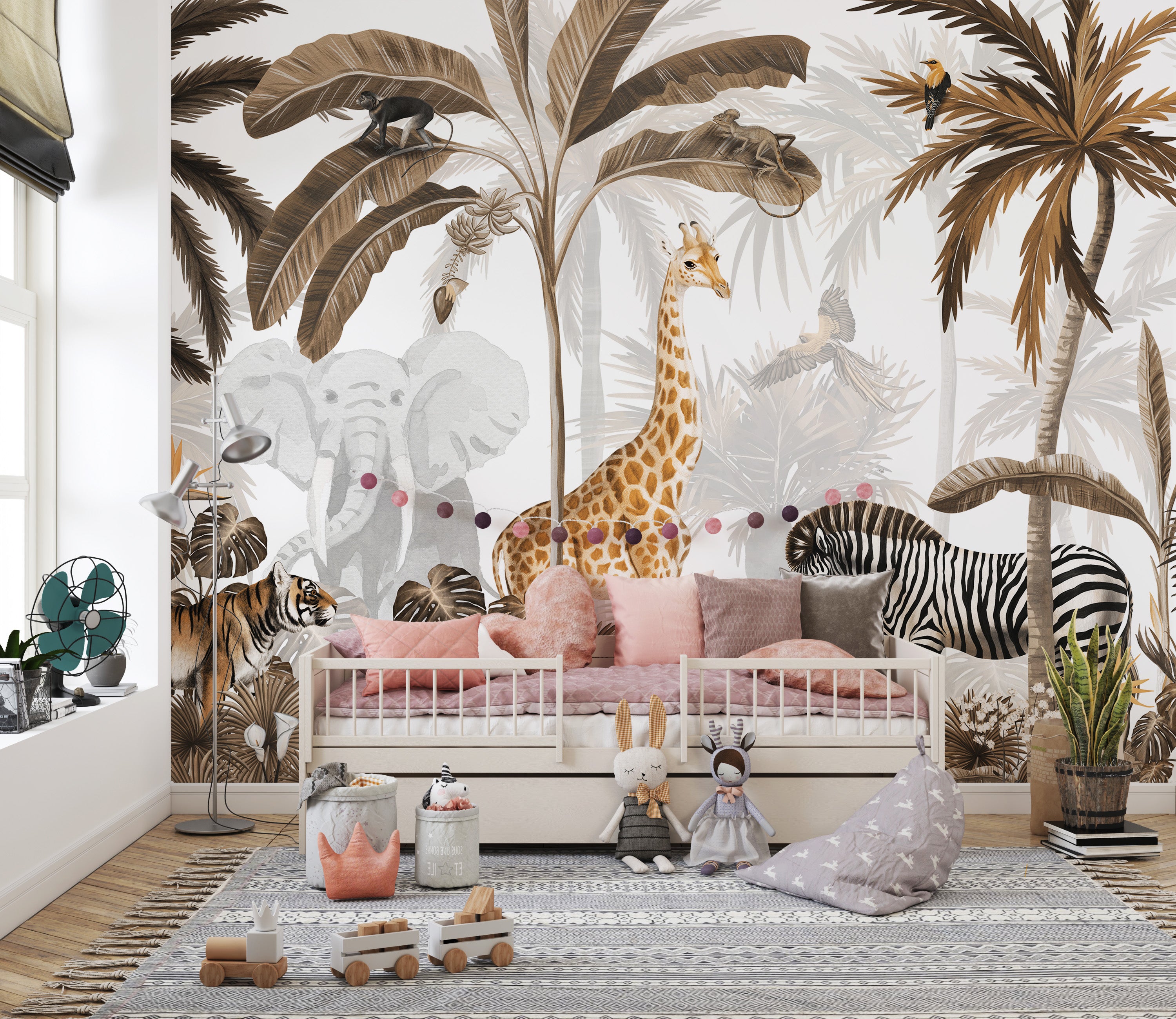 Wild animal wallpaper for tropical jungle-themed walls.