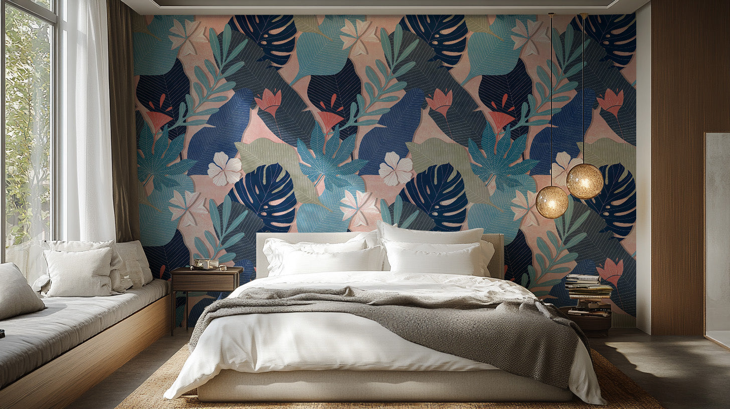 Blue oasis foliage wallpaper mural with vibrant natural hues.
