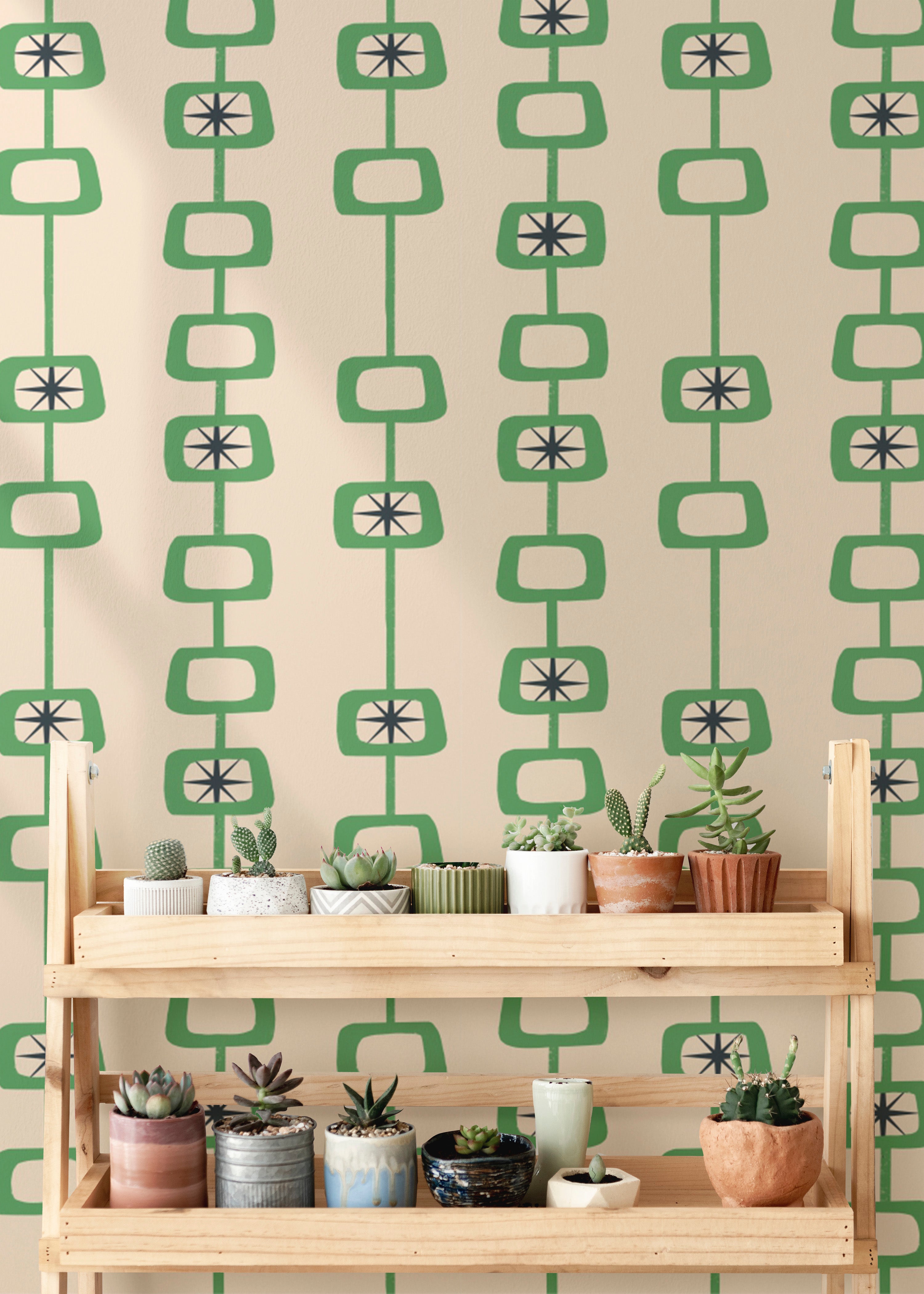 Chic Green Linen Mid Century Atomic Orbs Wallpaper
