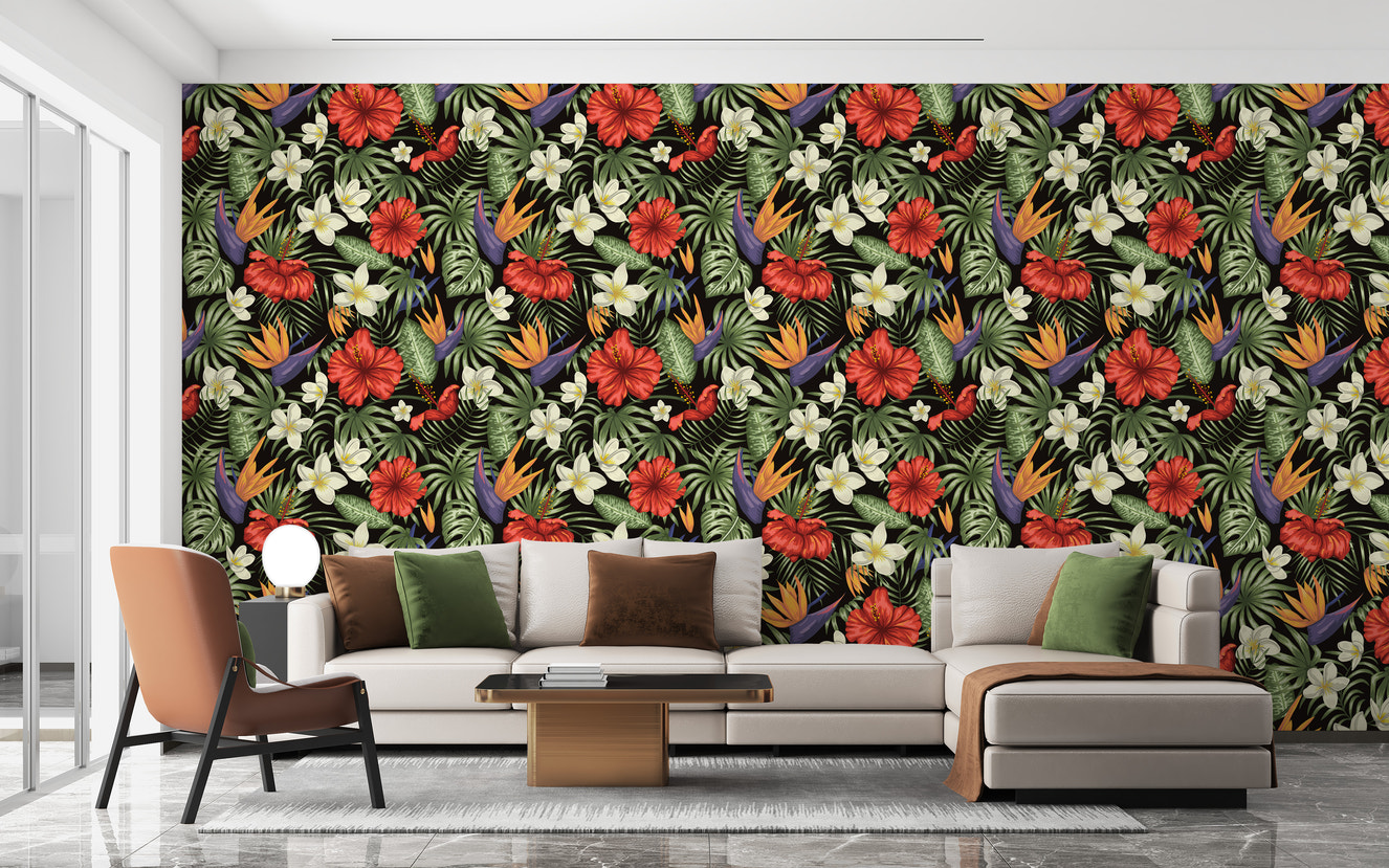 Tropical floral paradise wallpaper design
