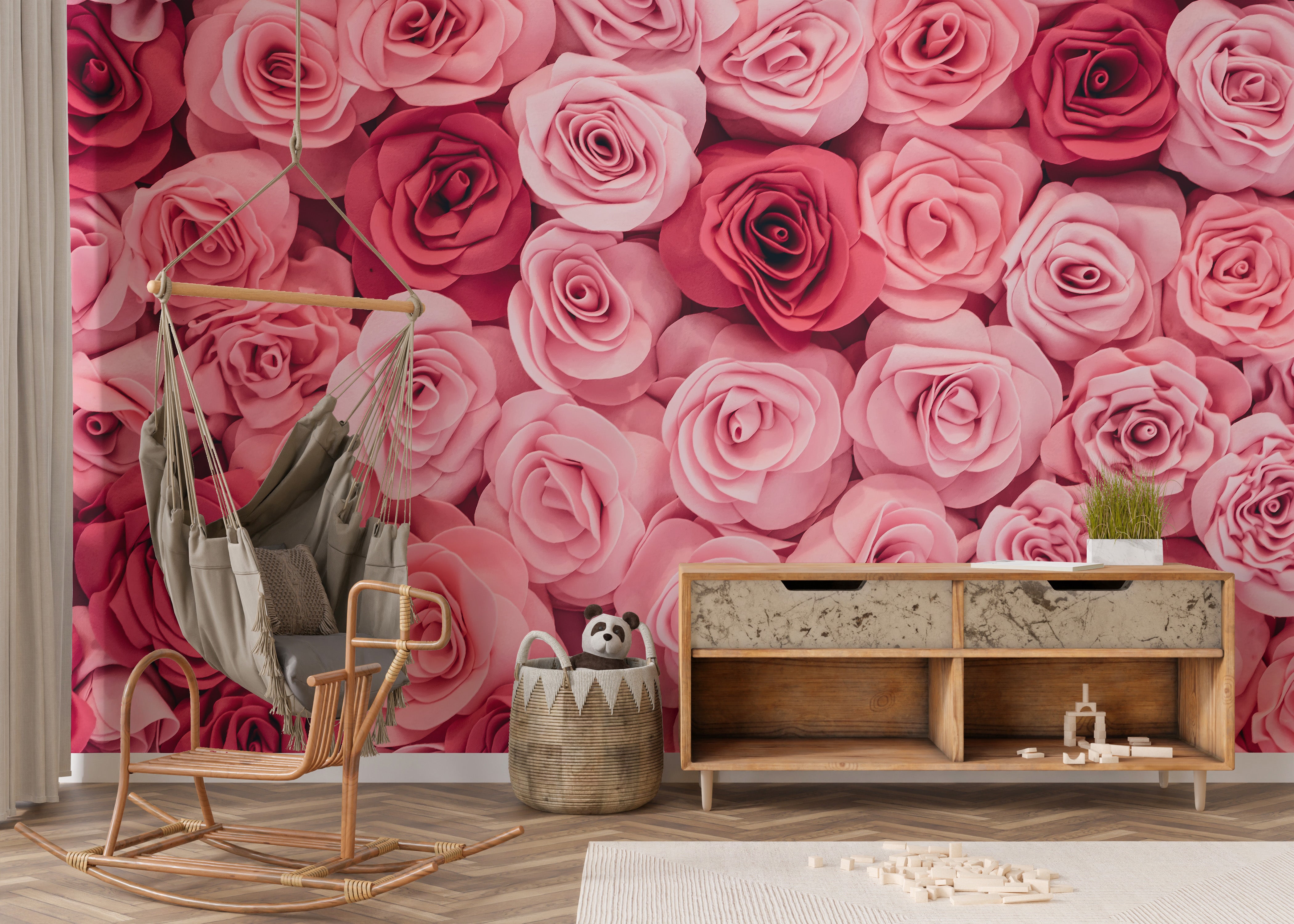 Beautiful pink roses wallpaper mural for timeless elegance.
