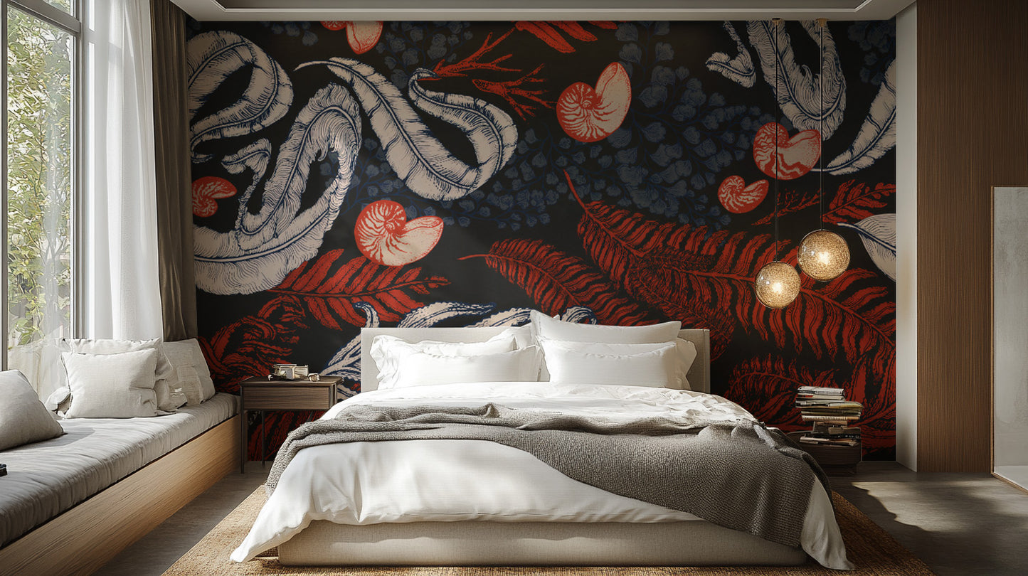 Coastal chic Coral Cove mural with delicate nautilus motifs.
