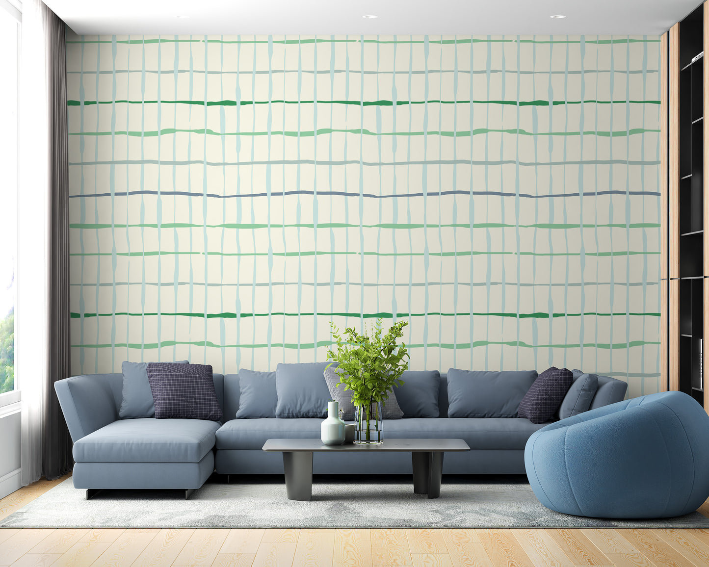 Artistic light green wallpaper with organic line patterns
