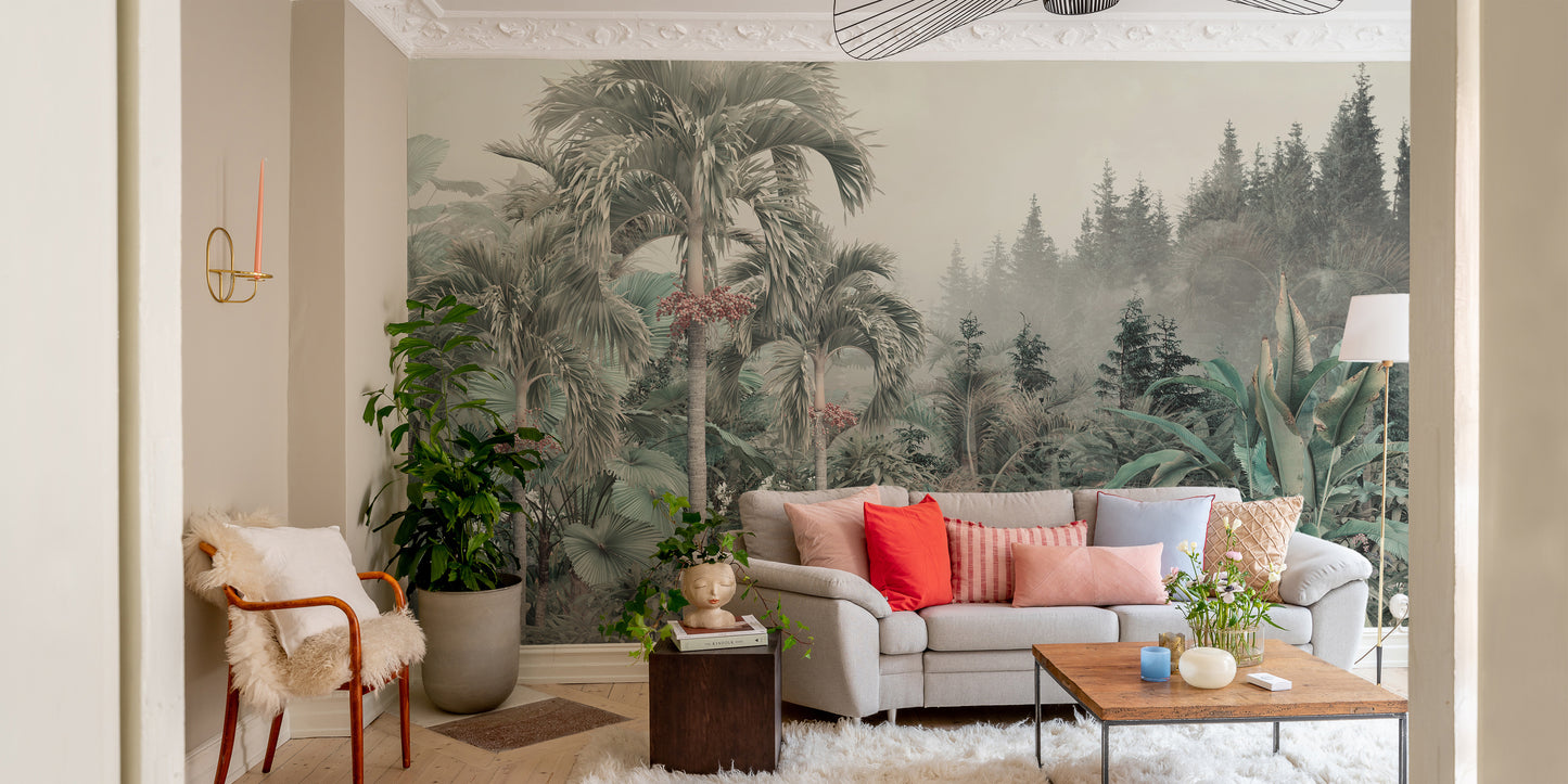 Vibrant jungle trees wall mural design
