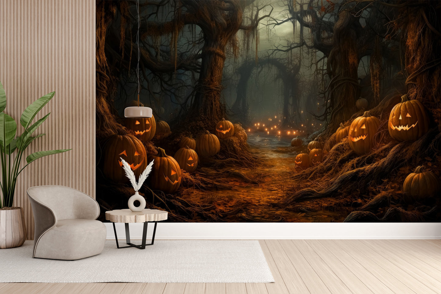 Eerie Pumpkin Forest Silhouette Wall Mural